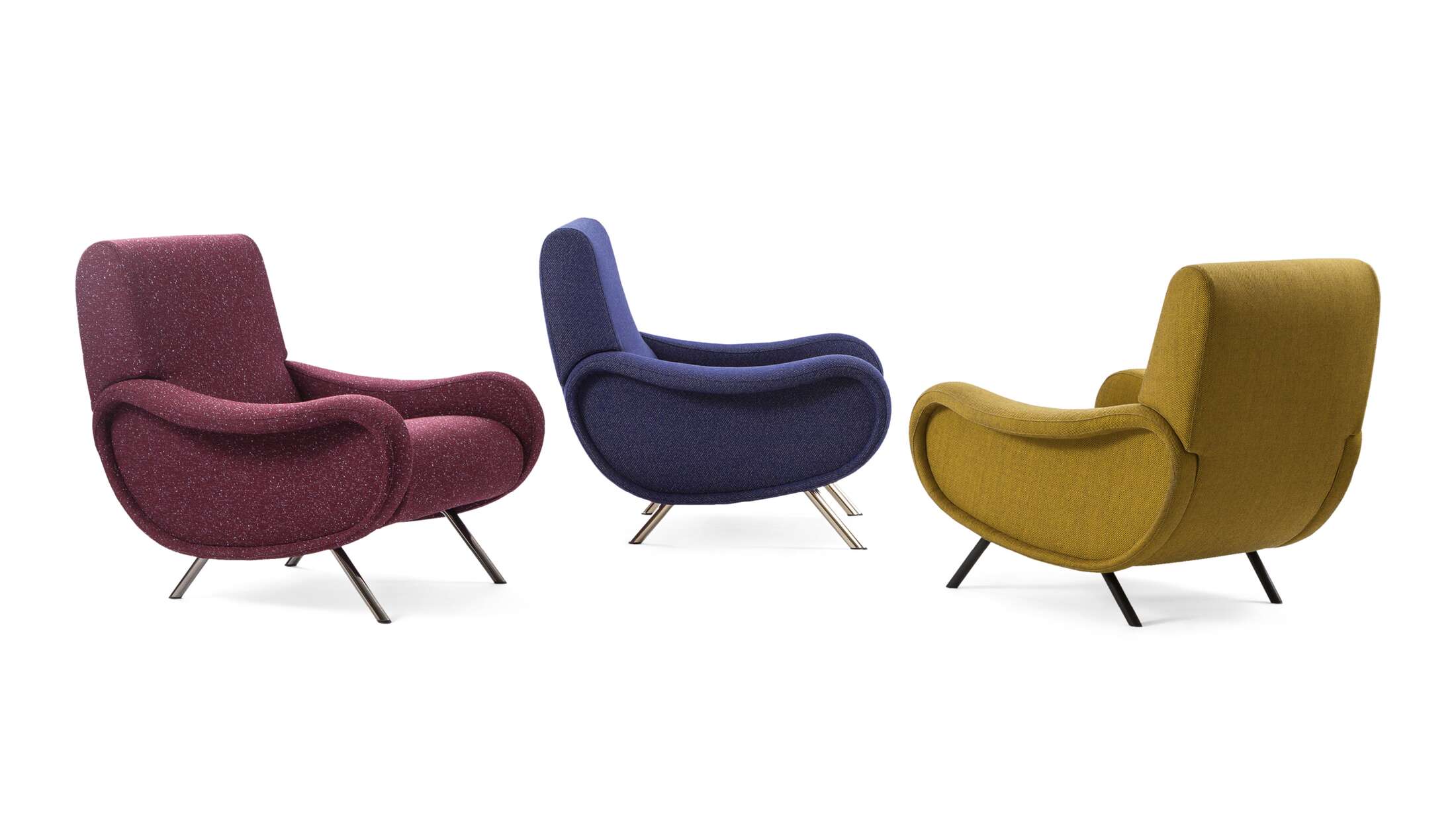 Prices vary dependent on the color/material of the chair. 

Armchair designed by Marco Zanuso in 1951, relaunched in 2015. Manufactured by Cassina in Italy. An icon of 1950s Italian design, the armchair-sofa lady stands out for its extraordinarily