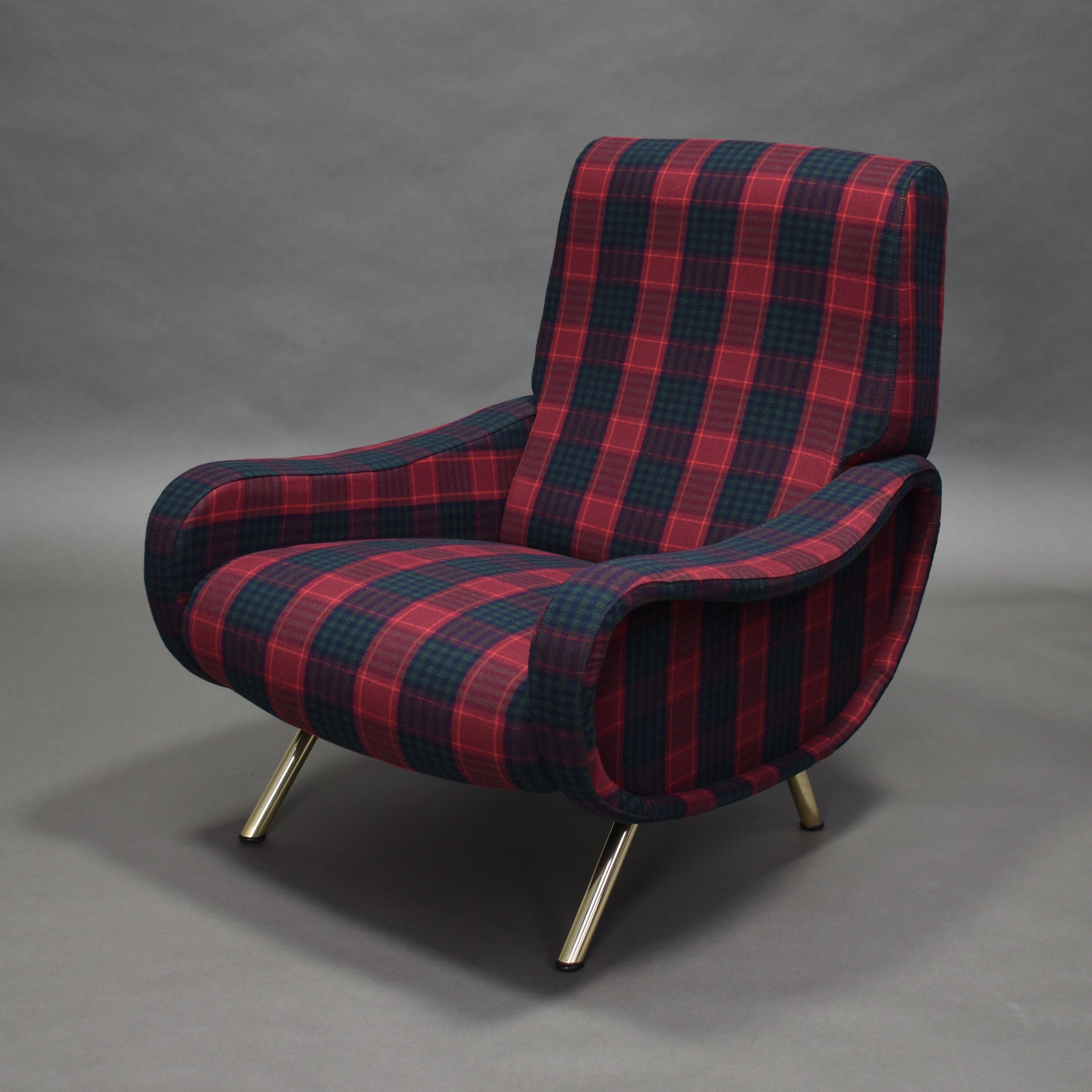 ‘Lady’ chair with brass legs by Marco Zanuso for Arflex – Italy, 1951. 
Recently reupholstered in an Italian flanel fabric. The foam interior has also been replaced.
The chair still has the original Arflex label. 

Designer: Marco