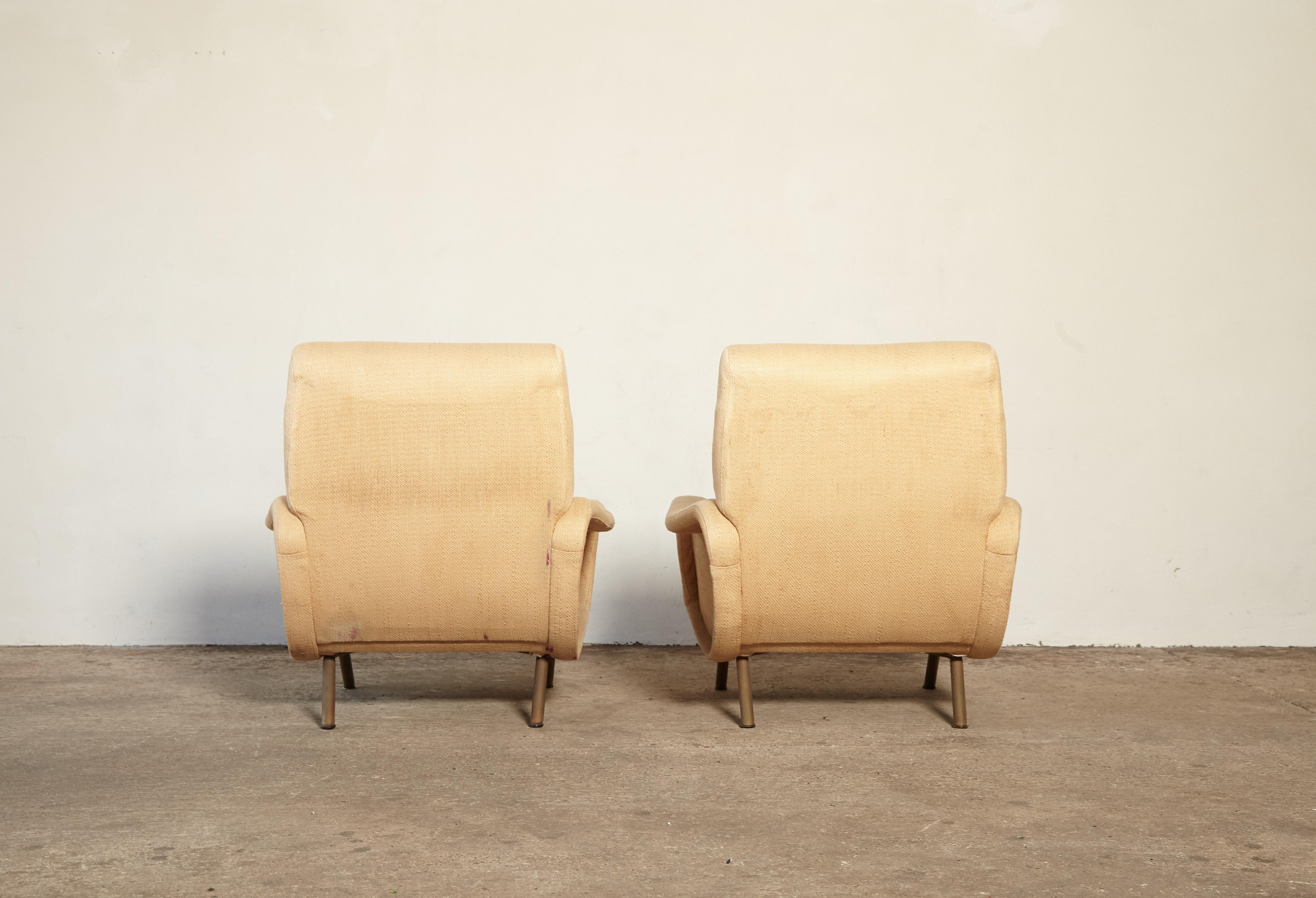 Brass Marco Zanuso Lady Chairs, Arflex, Italy, 1950s, Includes Reupholstery in COM