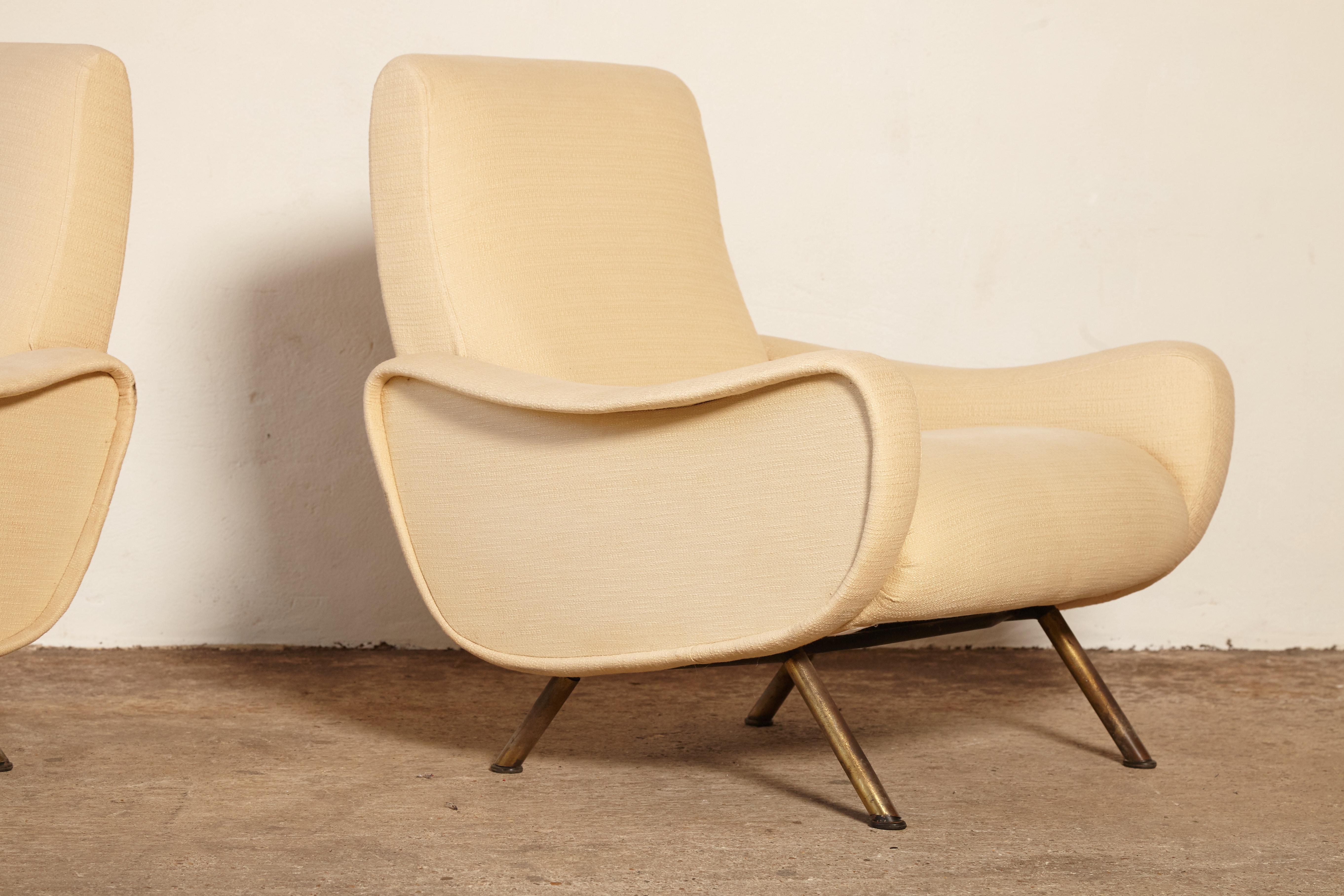 Brass Marco Zanuso Lady Chairs, Arflex, Italy, 1960s-1970s