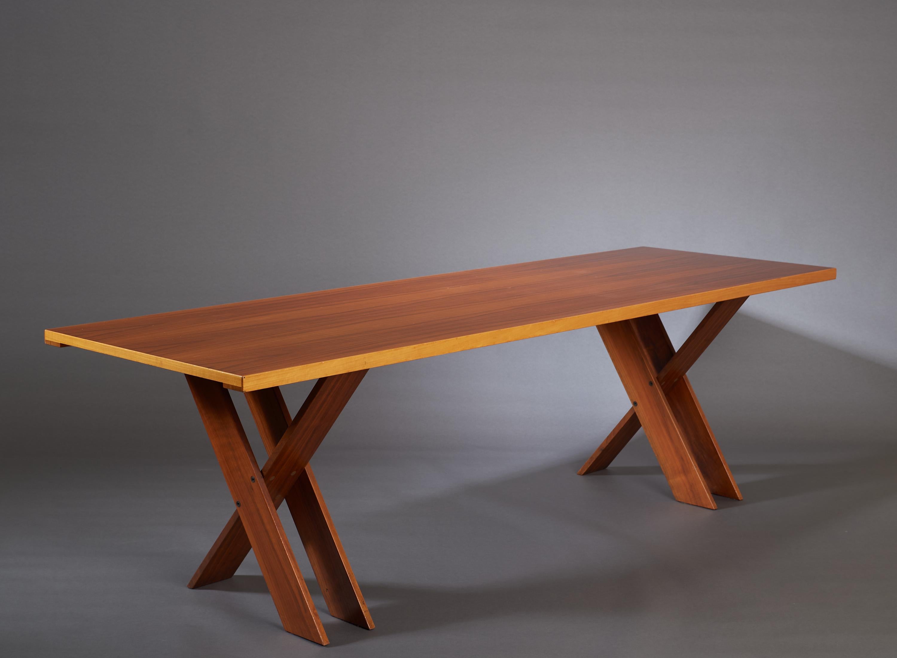 Italian Marco Zanuso Large Architectural X-Leg Dining Table in Walnut, Italy 1974 For Sale