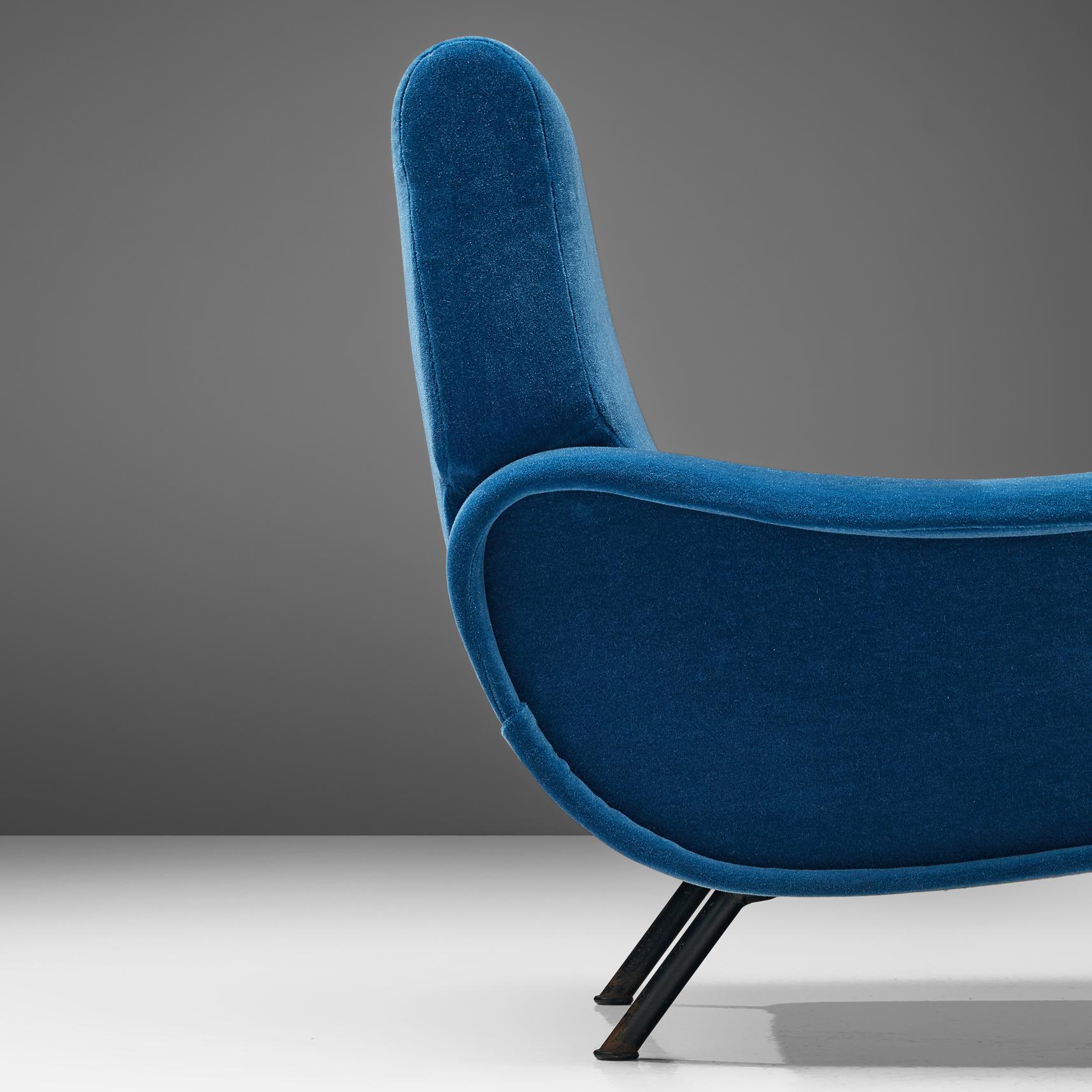 Mid-Century Modern Marco Zanuso Lounge Chair Reupholstered in Blue Mohair 