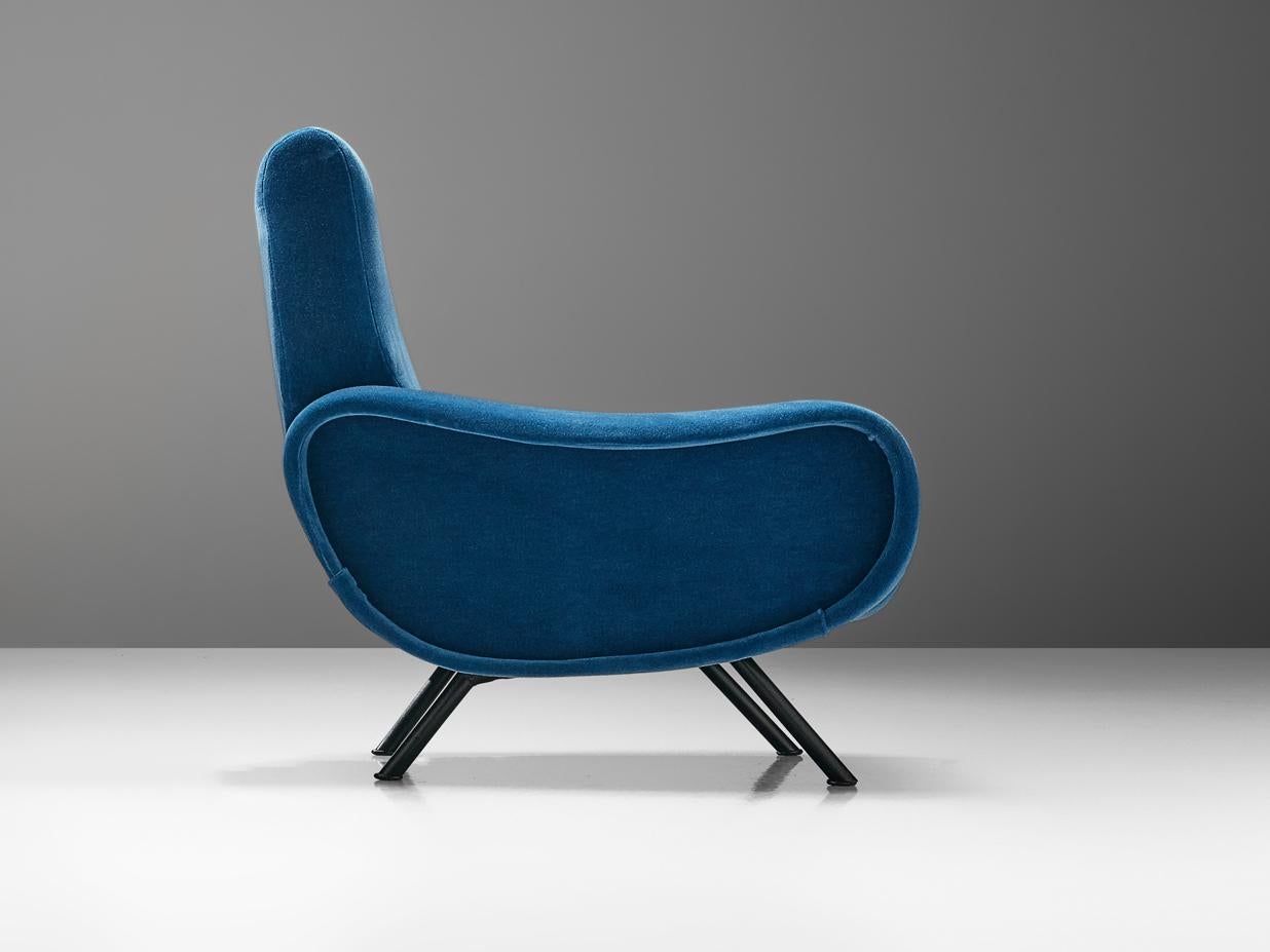 Italian Marco Zanuso Lounge Chair Reupholstered in Blue Mohair 