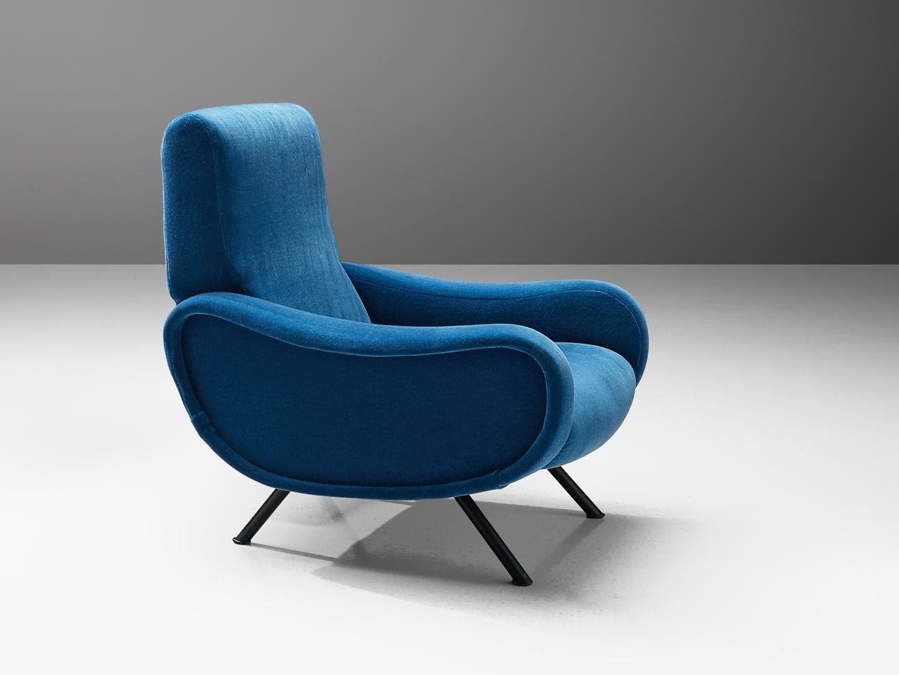 Marco Zanuso Lounge Chair Reupholstered in Blue Mohair  In Good Condition In Waalwijk, NL