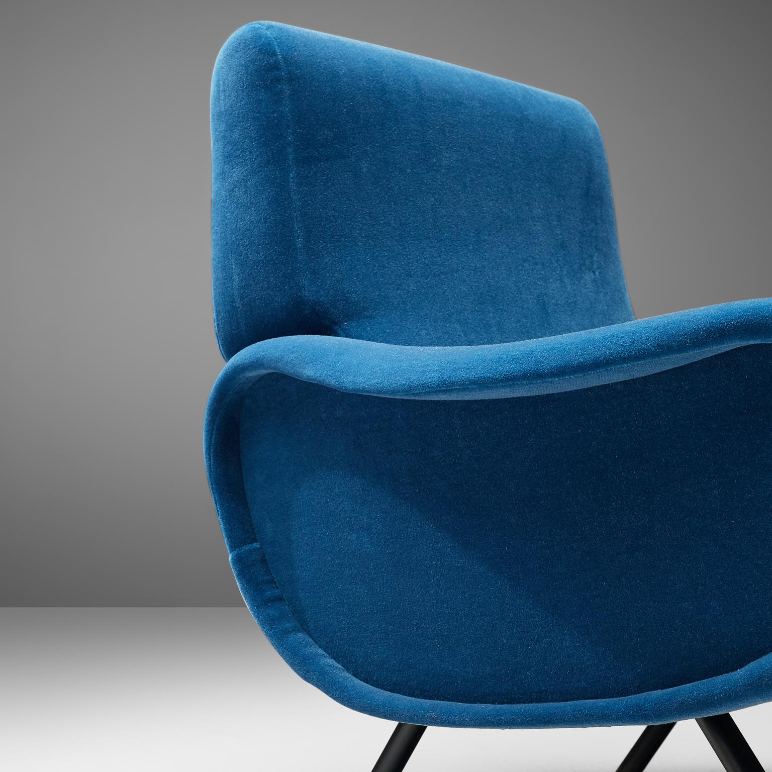 Mid-20th Century Marco Zanuso Lounge Chair Reupholstered in Blue Mohair 