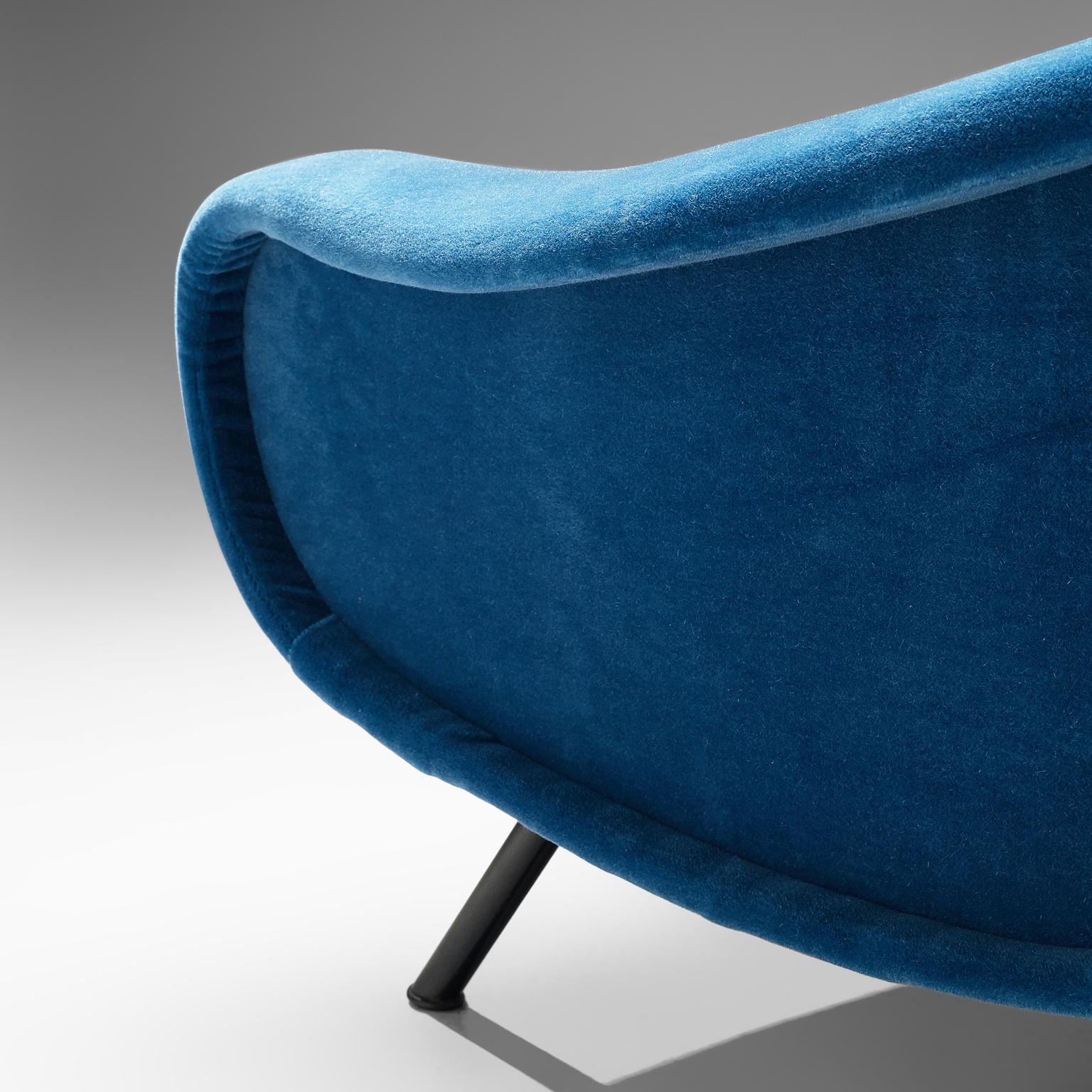 Metal Marco Zanuso Lounge Chair Reupholstered in Blue Mohair 