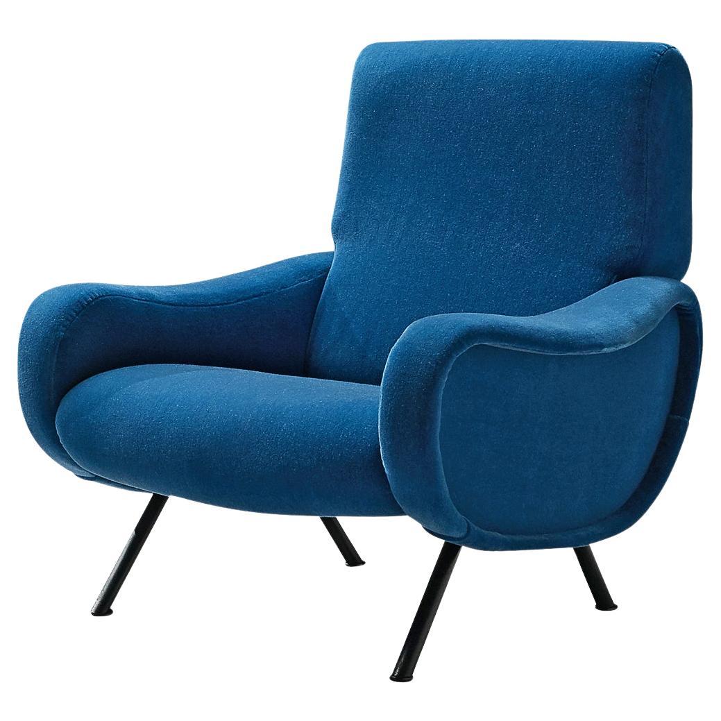 Marco Zanuso Lounge Chair Reupholstered in Blue Mohair 