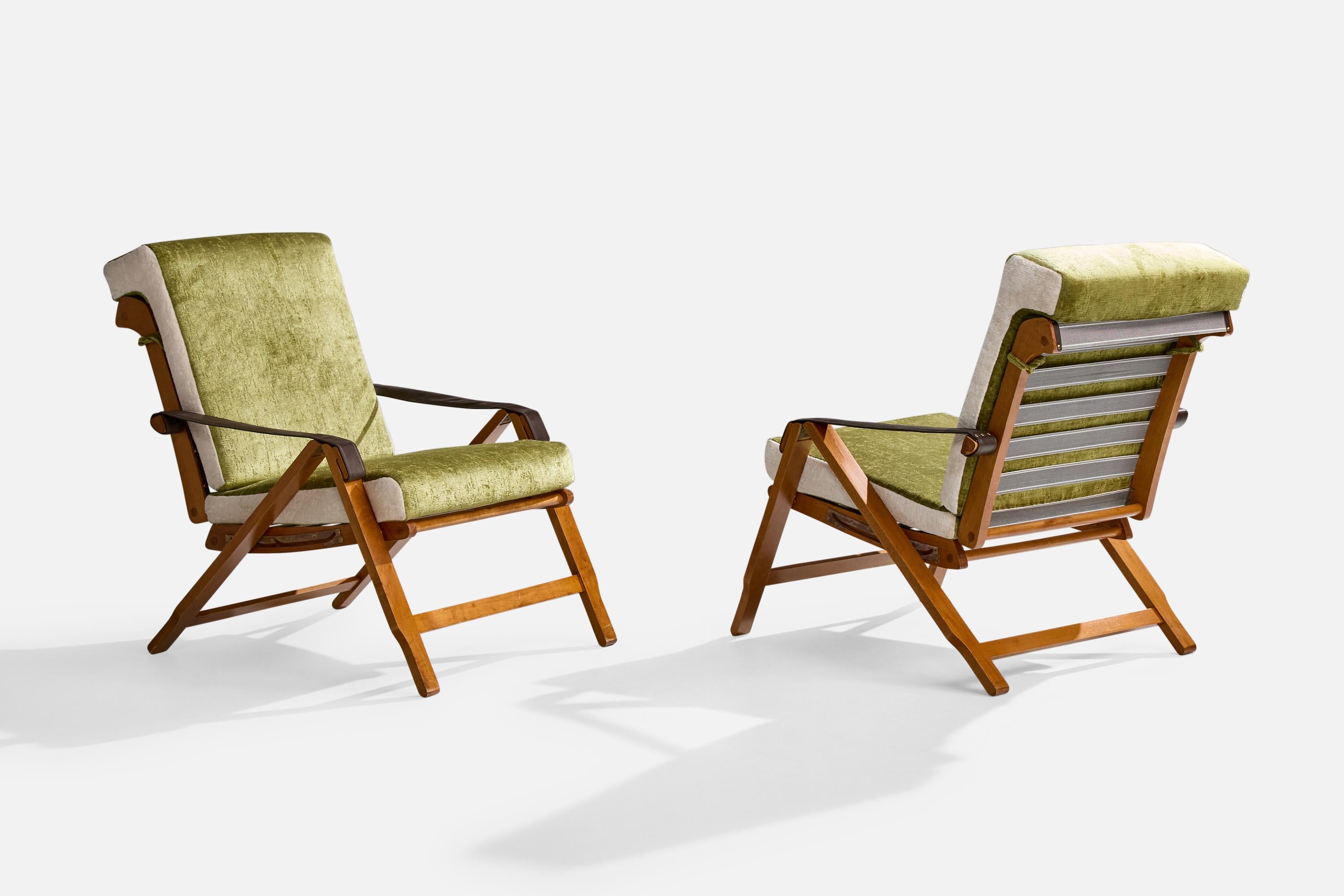 Mid-Century Modern Marco Zanuso, Lounge Chairs, Beech, Leather, Brass, Velvet, Italy, 1960s For Sale