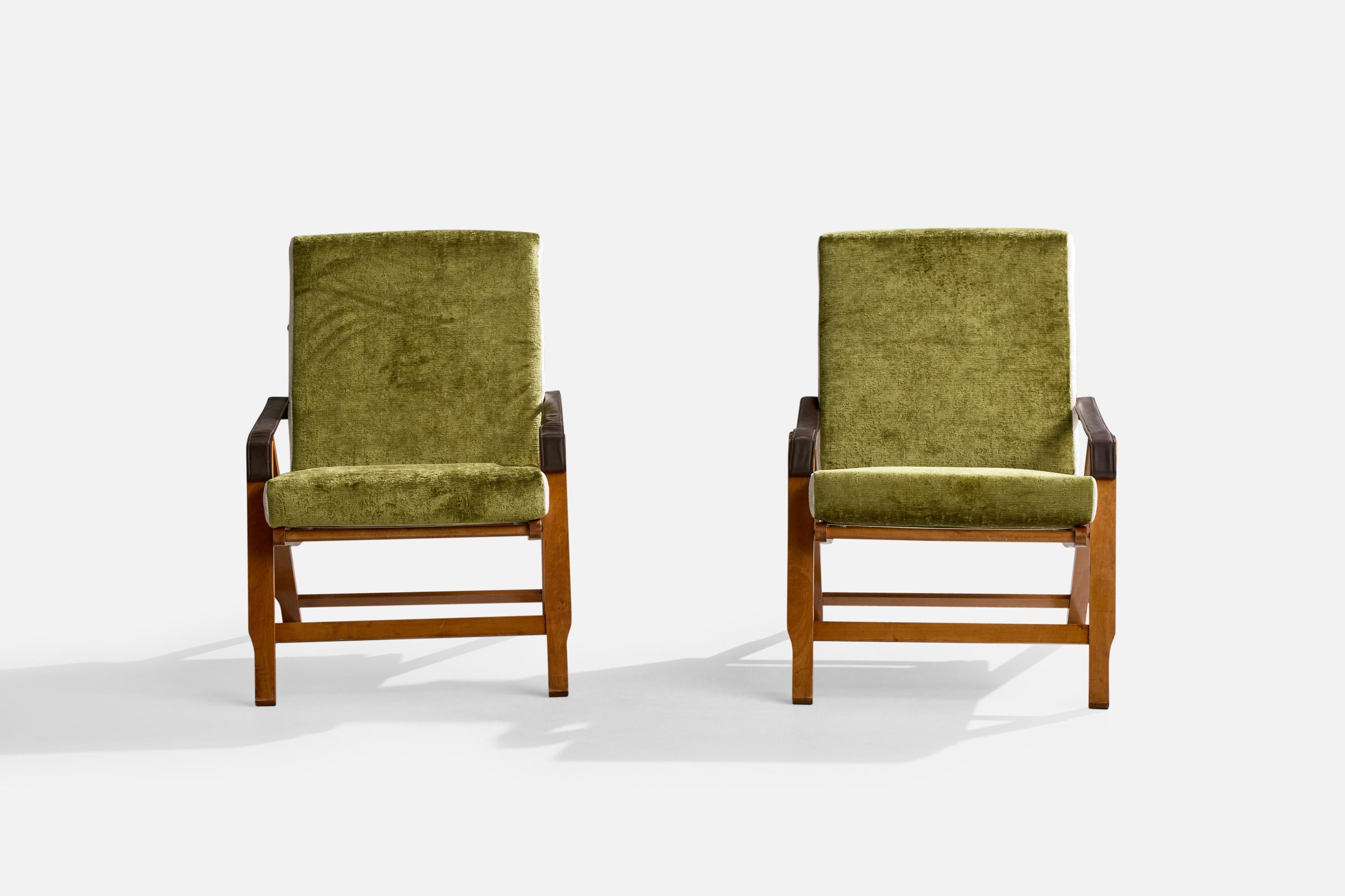 Italian Marco Zanuso, Lounge Chairs, Beech, Leather, Brass, Velvet, Italy, 1960s For Sale