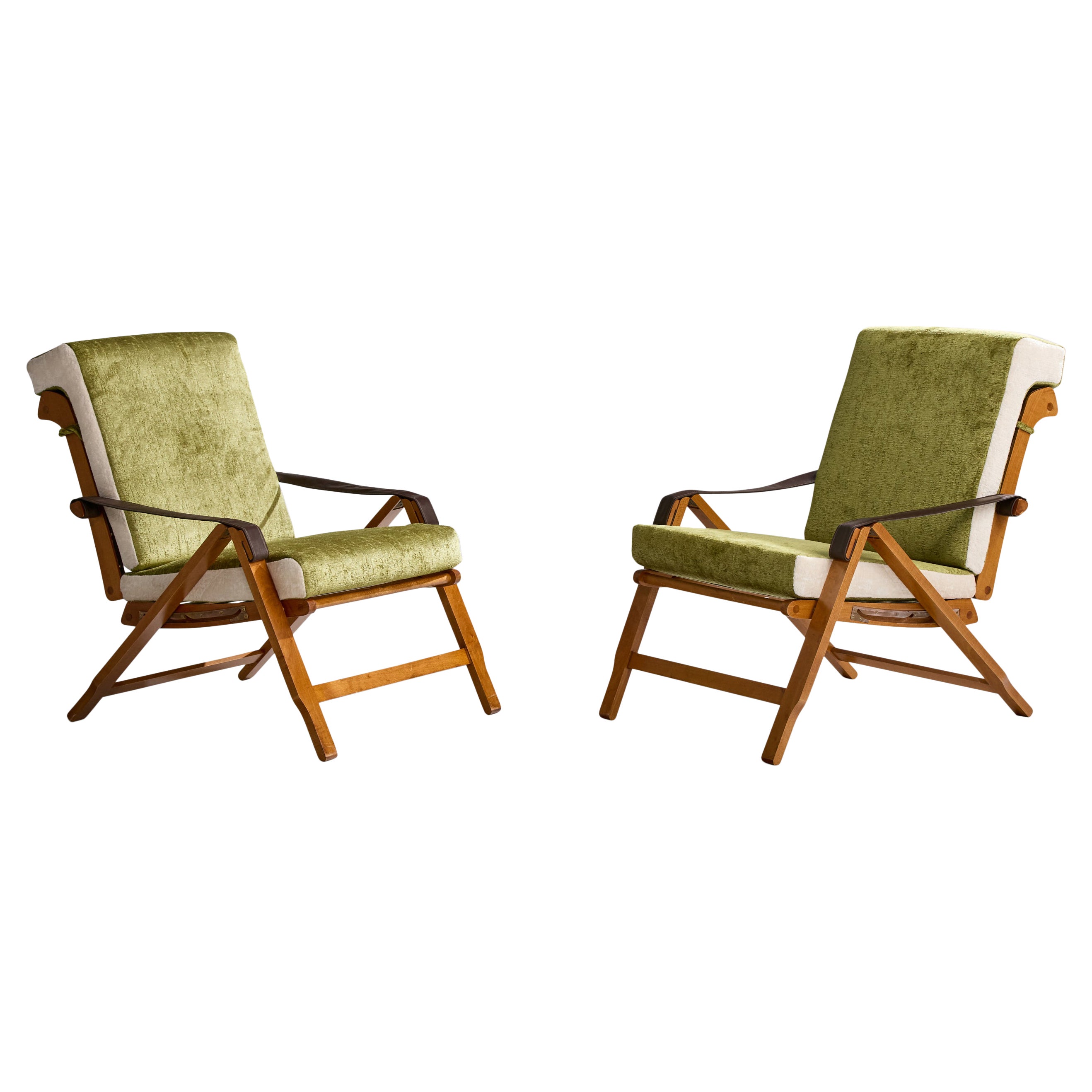 Marco Zanuso, Lounge-Stühle, Buche, Leder, Messing, Samt, Italien, 1960er