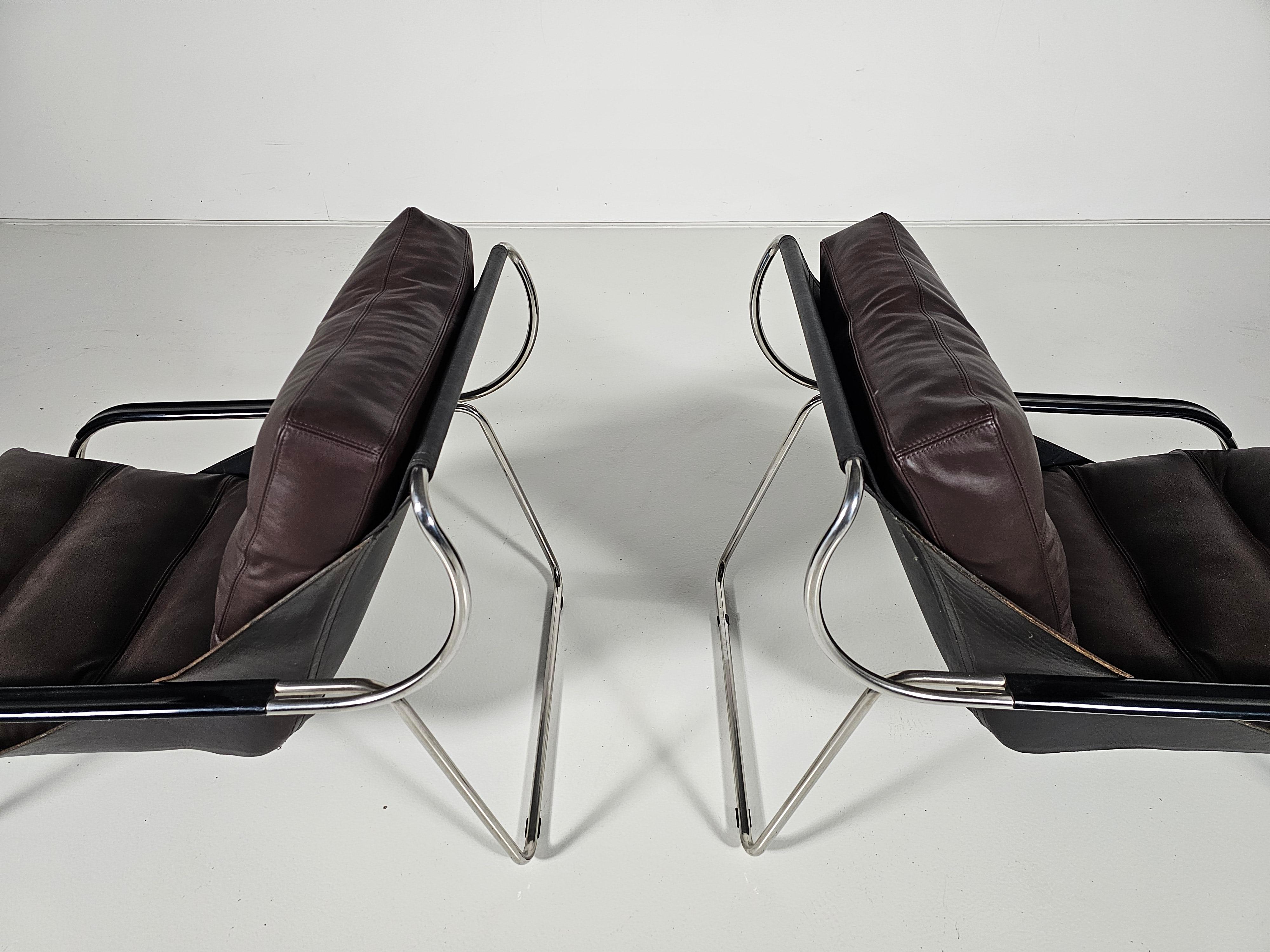 Mid-Century Modern  Marco Zanuso Maggiolina lounge chairs in brown and black leather, Zanotta, 1950