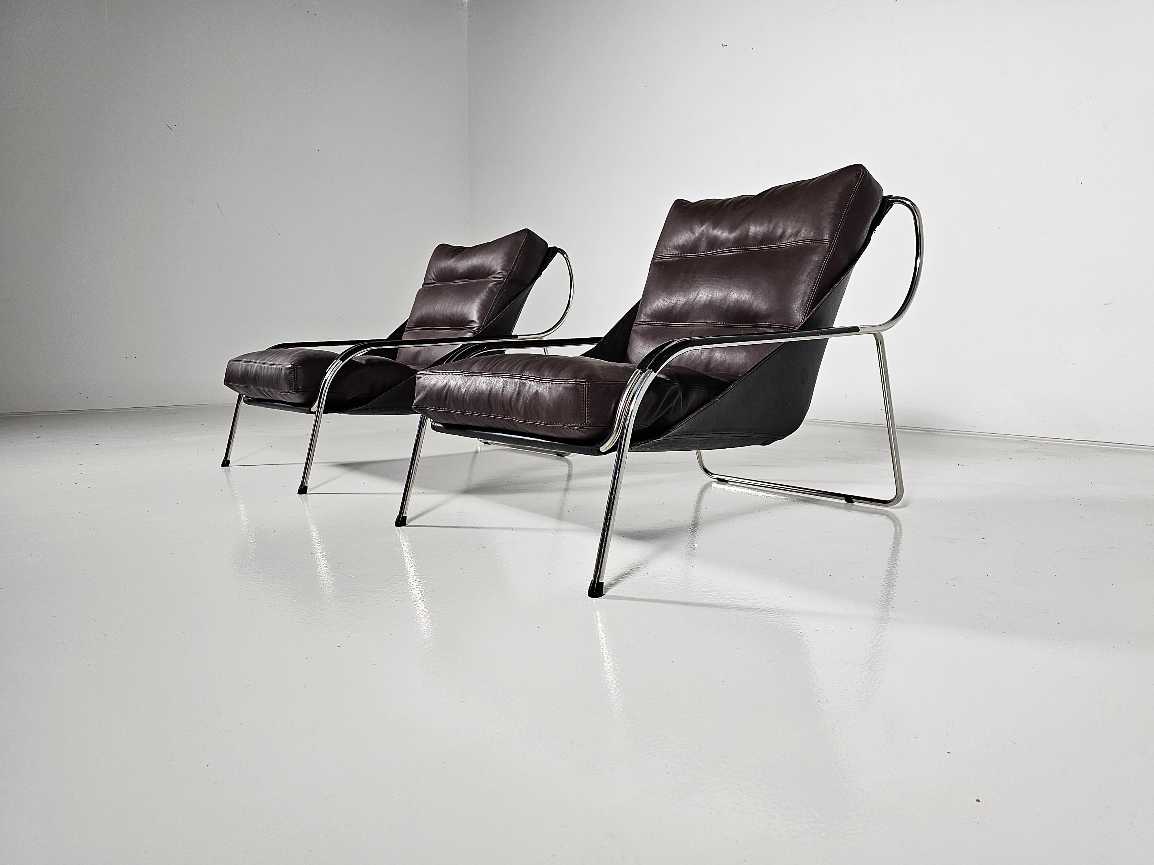  Chaises longues Marco Zanuso Maggiolina en cuir brun et noir, Zanotta, 1950 en vente 1