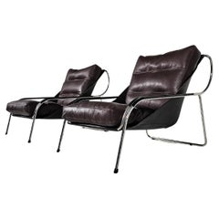  Marco Zanuso Maggiolina lounge chairs in brown and black leather, Zanotta, 1950
