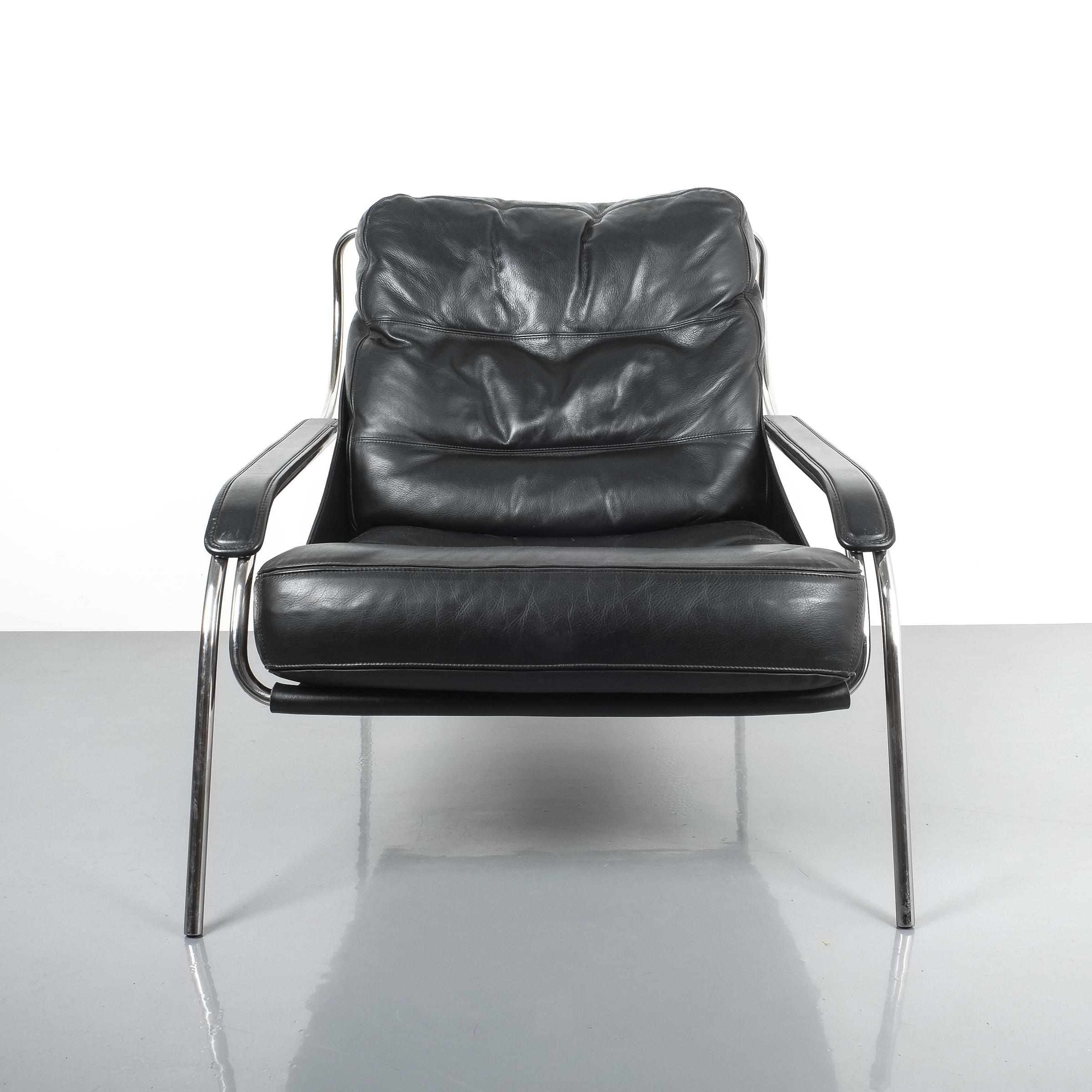 Italian Marco Zanuso Maggiolina Sling Black Leather Chair by Zanotta, 1947 For Sale