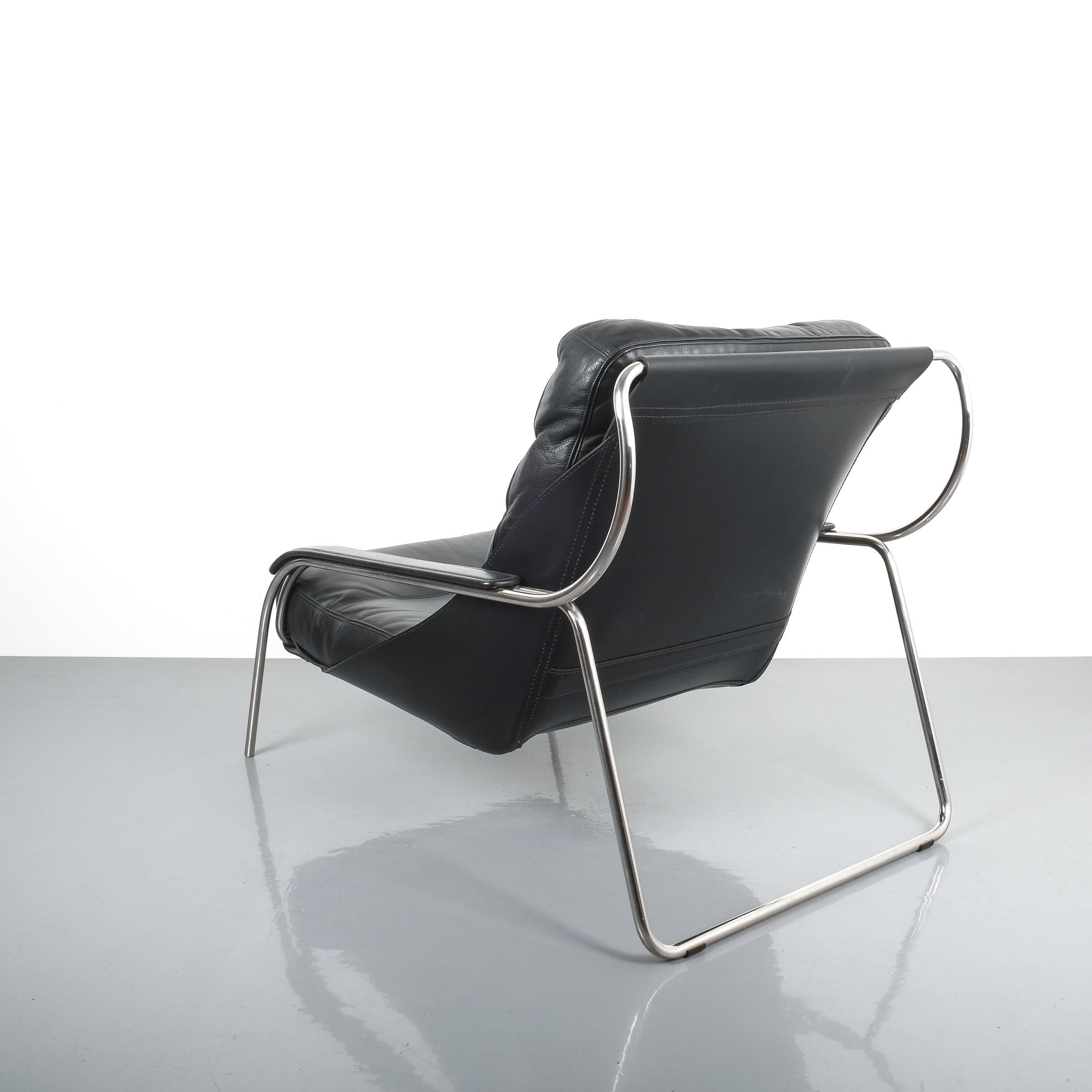 Polished Marco Zanuso Maggiolina Sling Black Leather Chair by Zanotta, 1947 For Sale