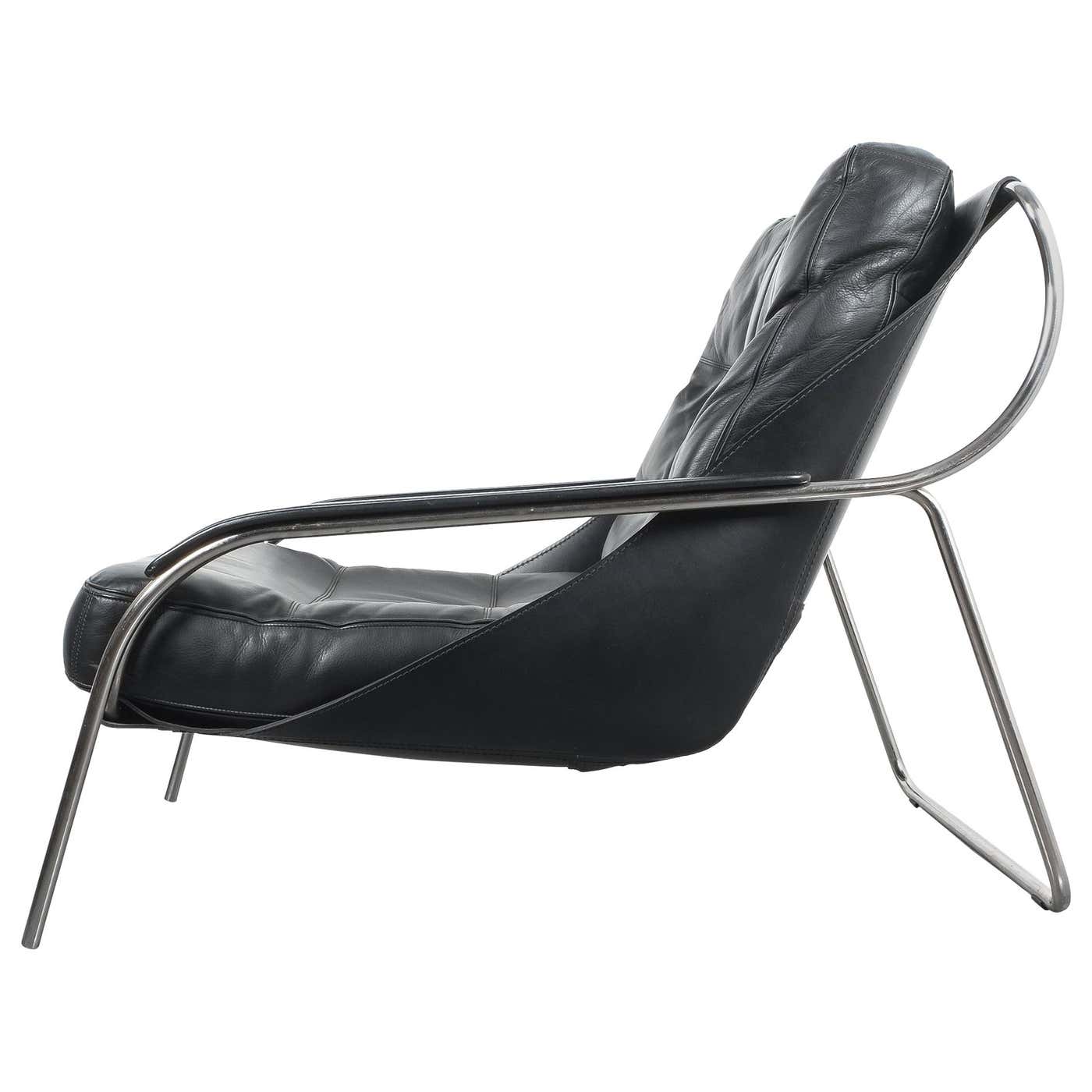 Marco Zanuso Maggiolina Sling Black Leather Chair By Zanotta 1947 For marco-zanuso-maggiolina-sling-black-leather-chair-by-zanotta-1947-for