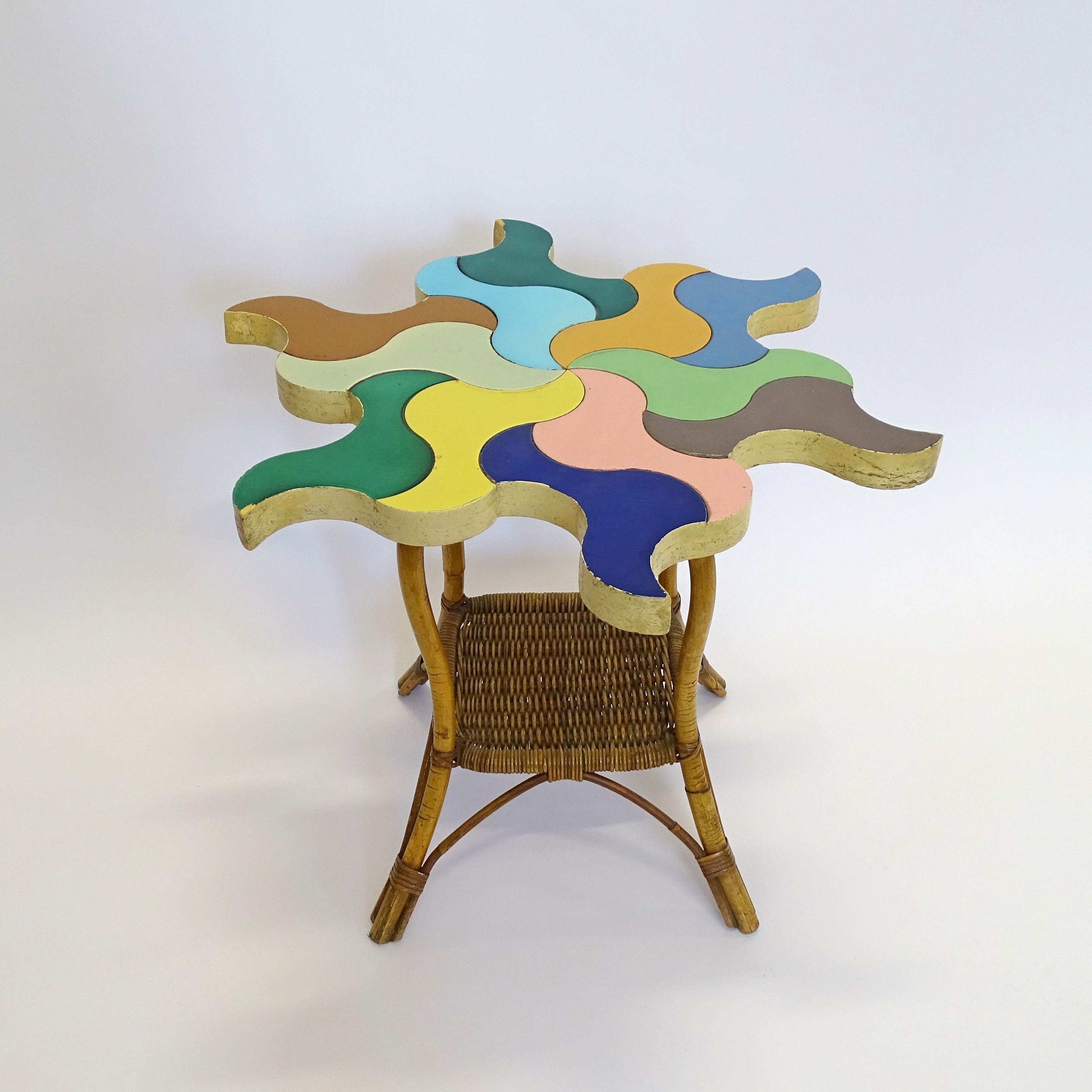 Marco Zanuso multicolour ceramic tiles top and wicker base side table, 
Italy 1950s.