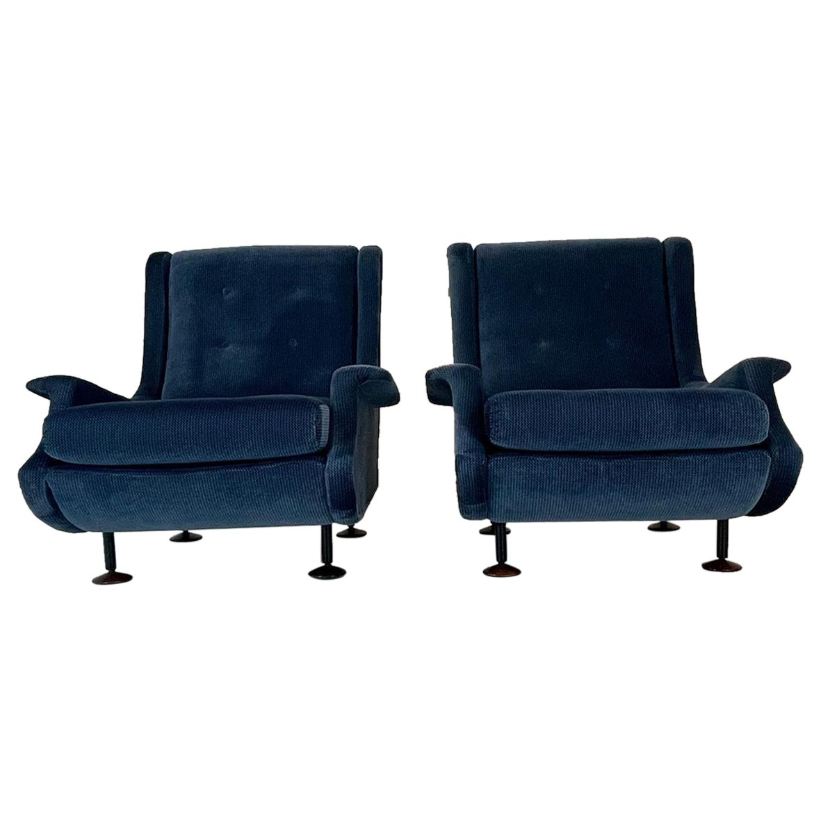 Marco Zanuso Pair of Arflex Regent Armchairs in Blue Velvet "Nobilis" Italy 1960