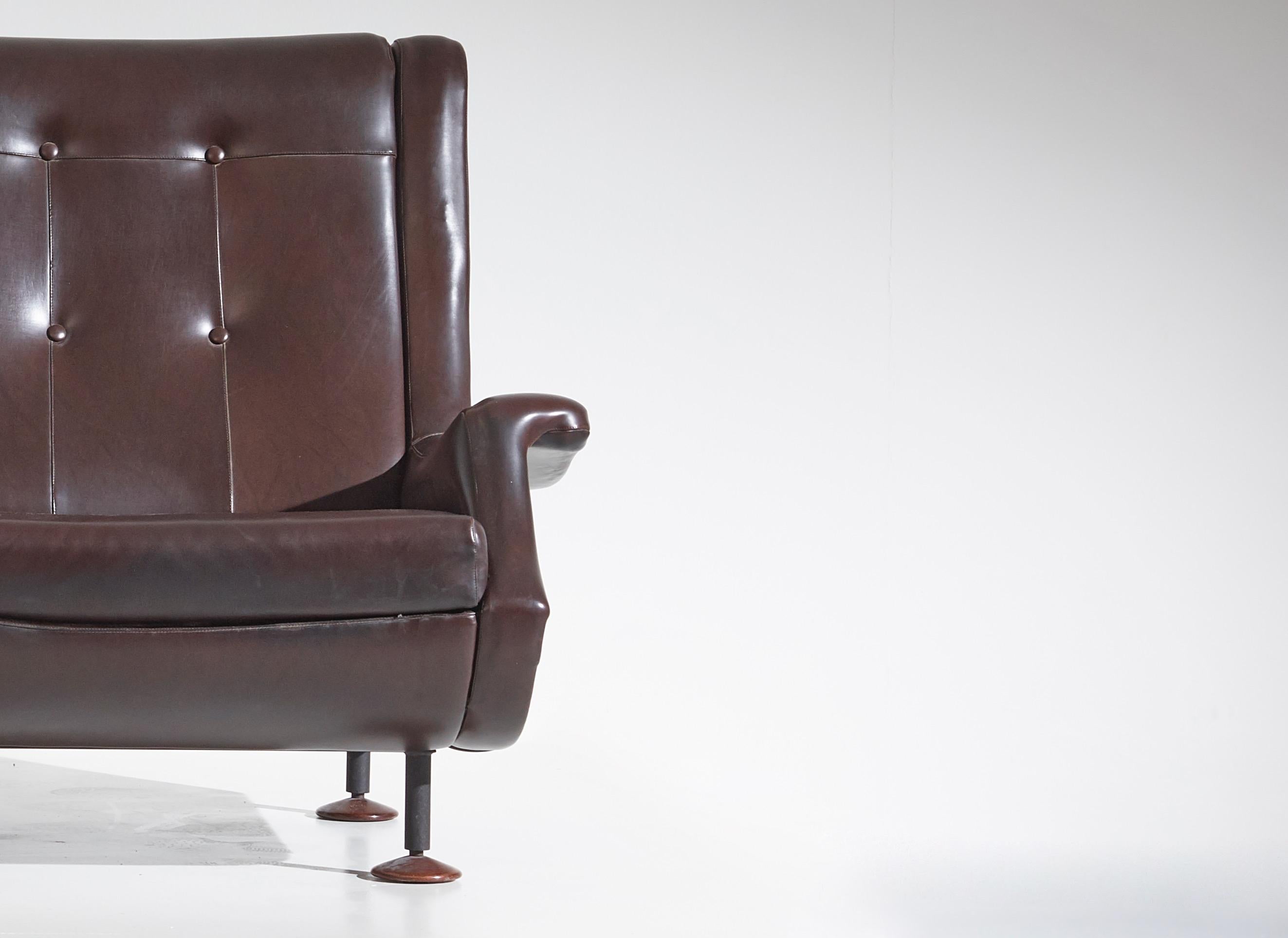 Italian Marco Zanuso Pair of Dark Brown Leather Regent Armchairs for Arflex, Italy 1960s