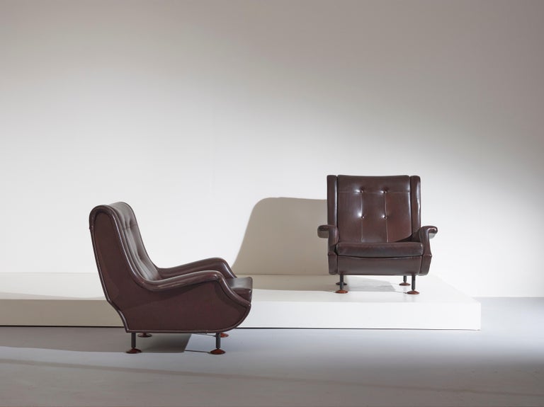 Metal Marco Zanuso Pair of Dark Brown Leather Regent Armchairs for Arflex, Italy 1960s For Sale