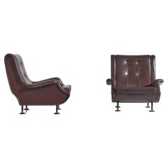 Marco Zanuso Pair of Dark Brown Leather Regent Armchairs for Arflex, Italy 1960s