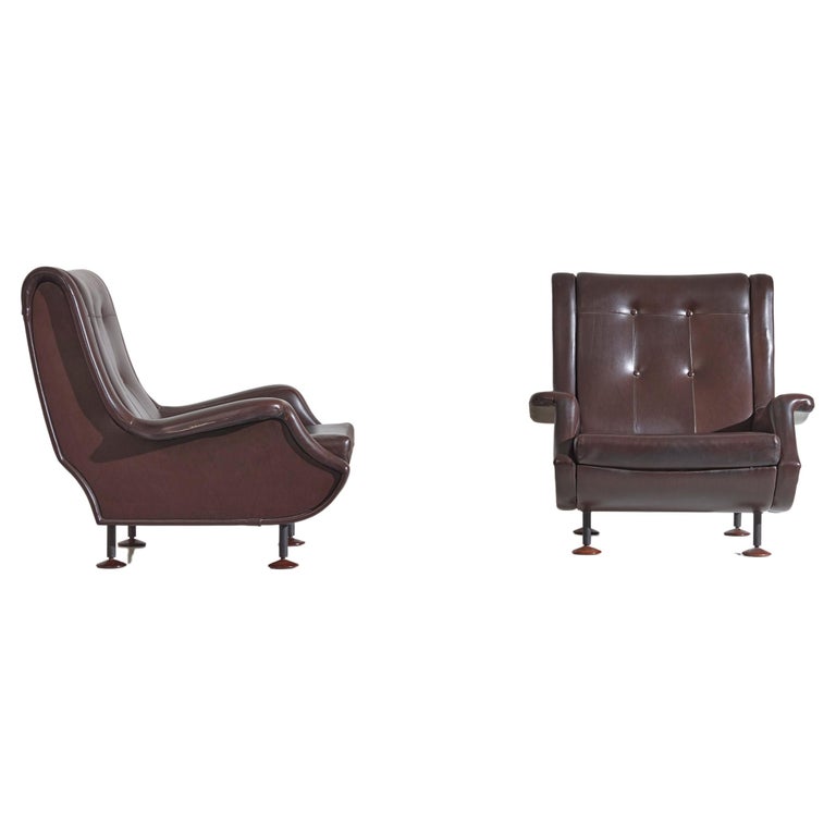 Marco Zanuso Pair of Dark Brown Leather Regent Armchairs for Arflex, Italy 1960s For Sale