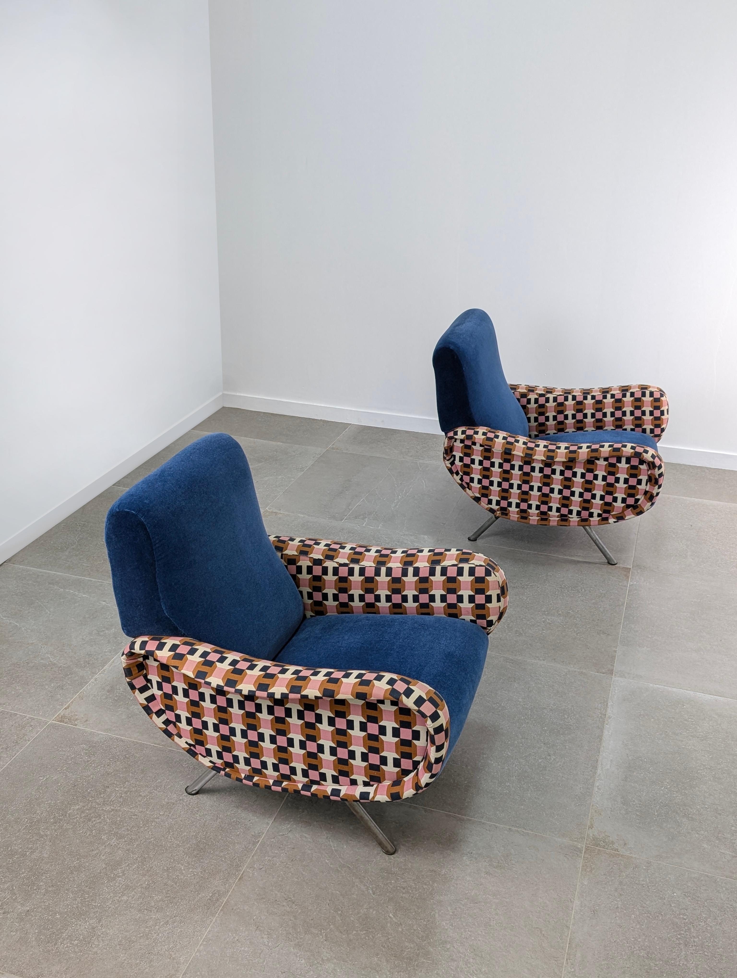 Marco Zanuso Paar Damensessel Hermès Blauer Samt Italien 1950er Jahre im Angebot 8