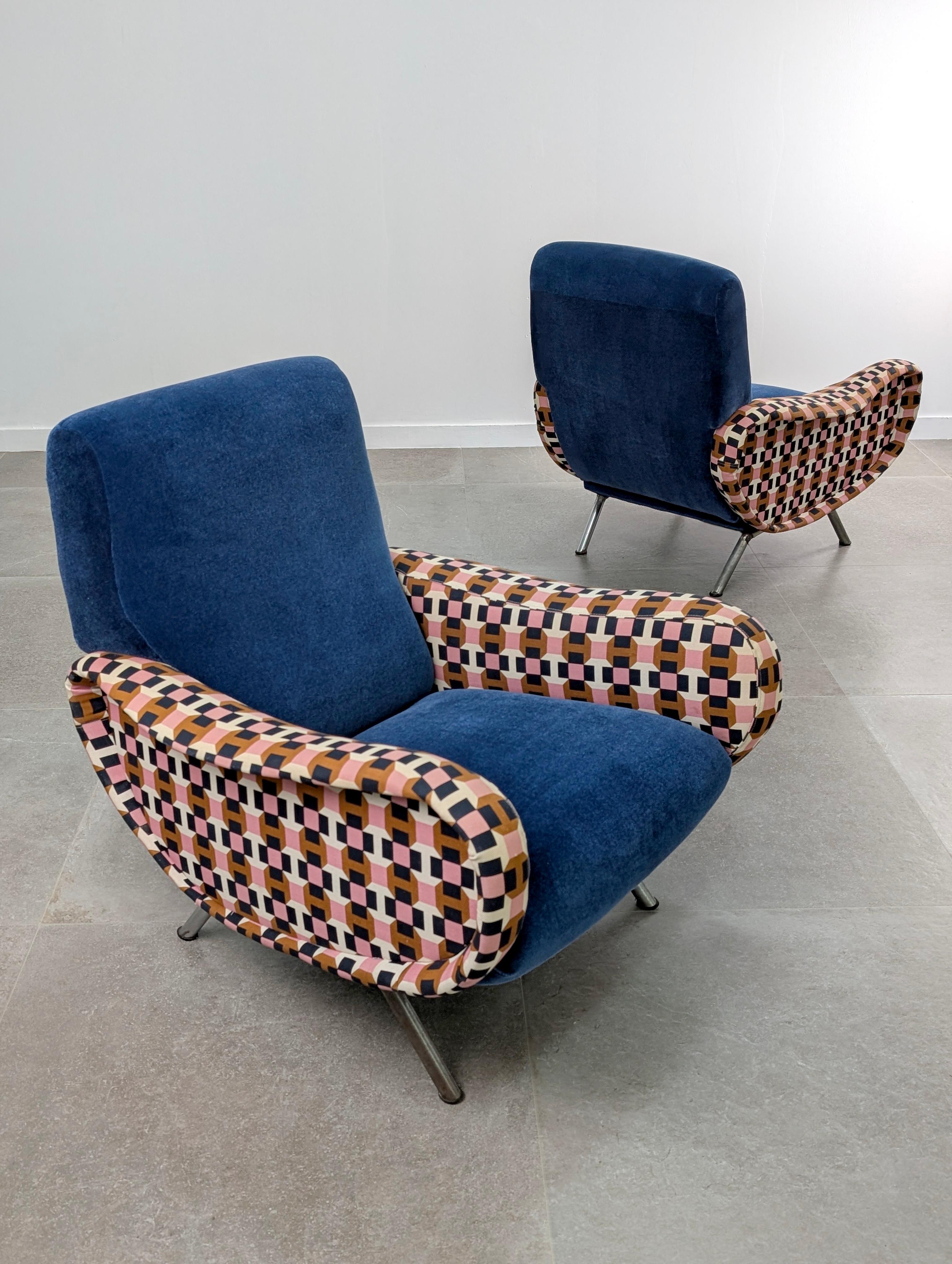 Marco Zanuso Paar Damensessel Hermès Blauer Samt Italien 1950er Jahre im Angebot 9