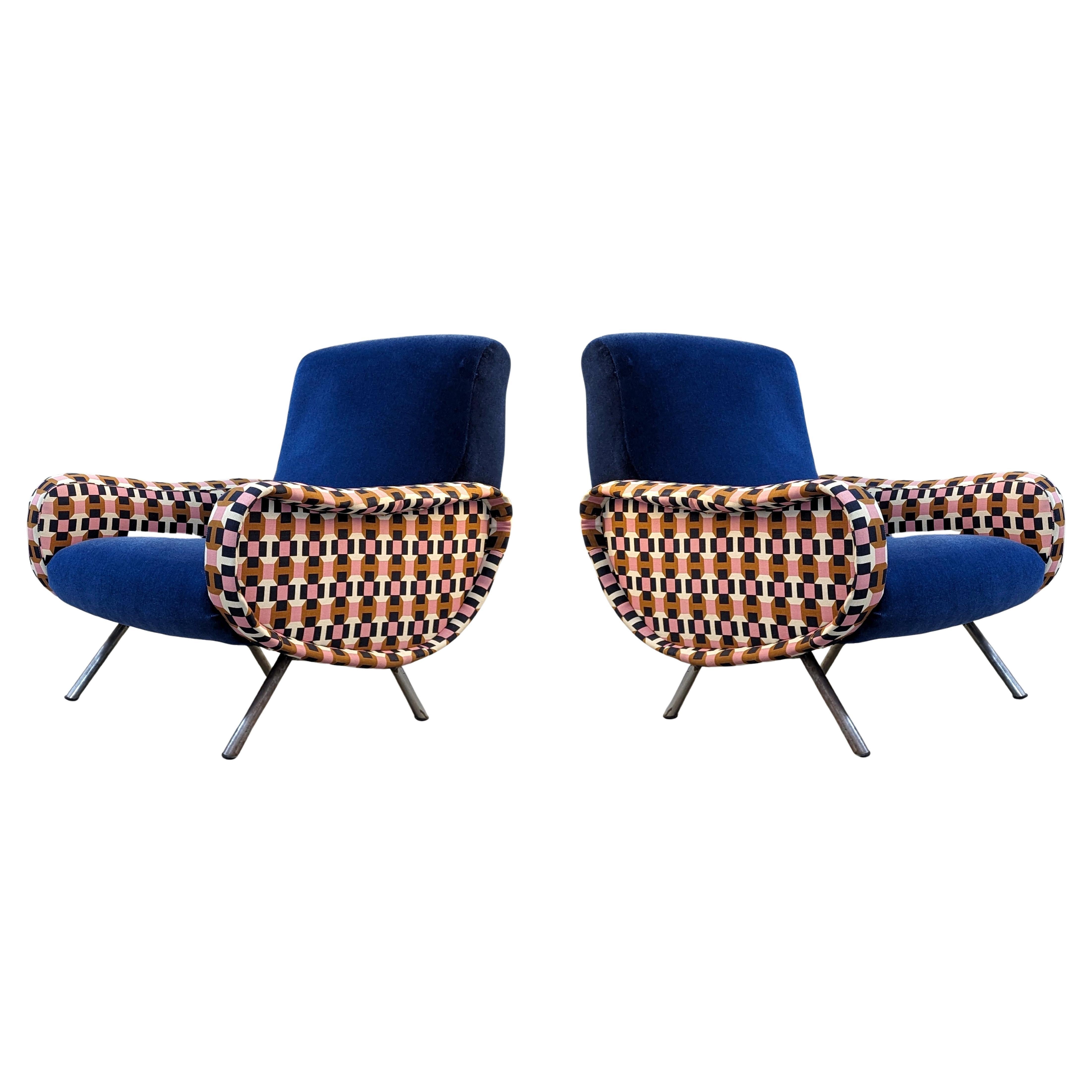 Marco Zanuso Paire de fauteuils de dame en velours bleu Hermès Italie années 1950