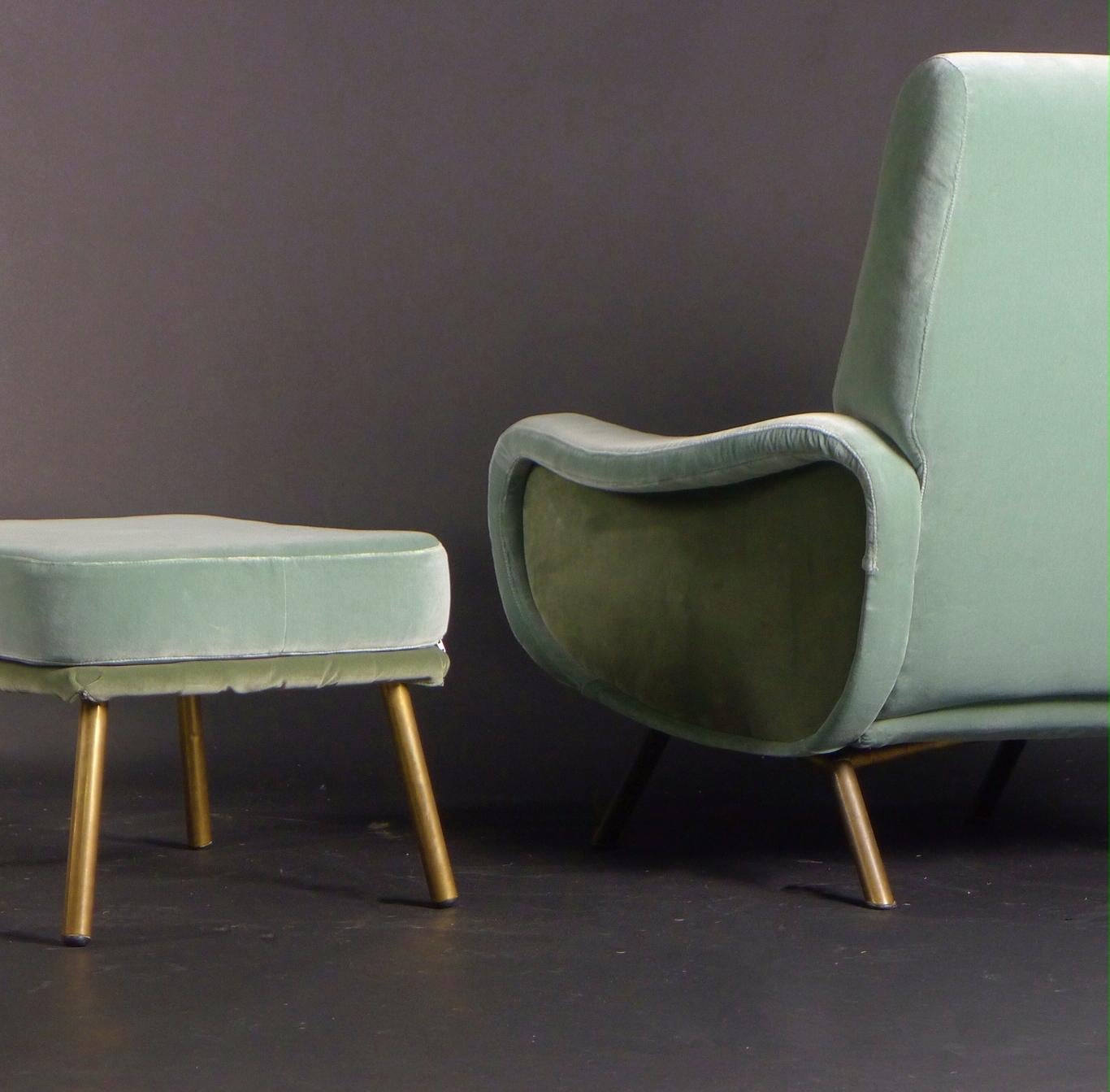 Brass Marco Zanuso, Pair of Lady Chairs and Ottomans, produced by Arflex, Italy 1950s