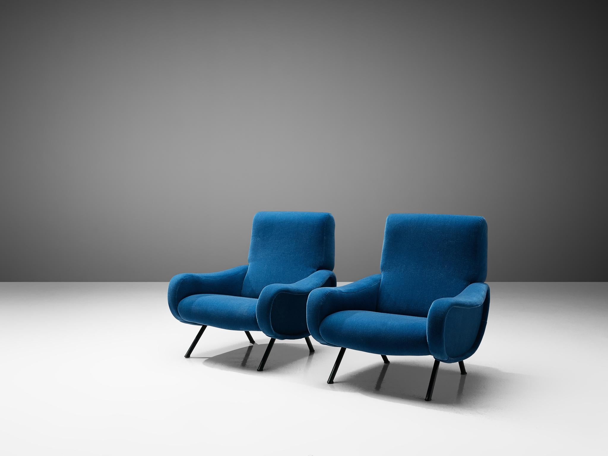 Mid-Century Modern Marco Zanuso Pair of Lounge Chairs Reupholstered in Blue Mohair