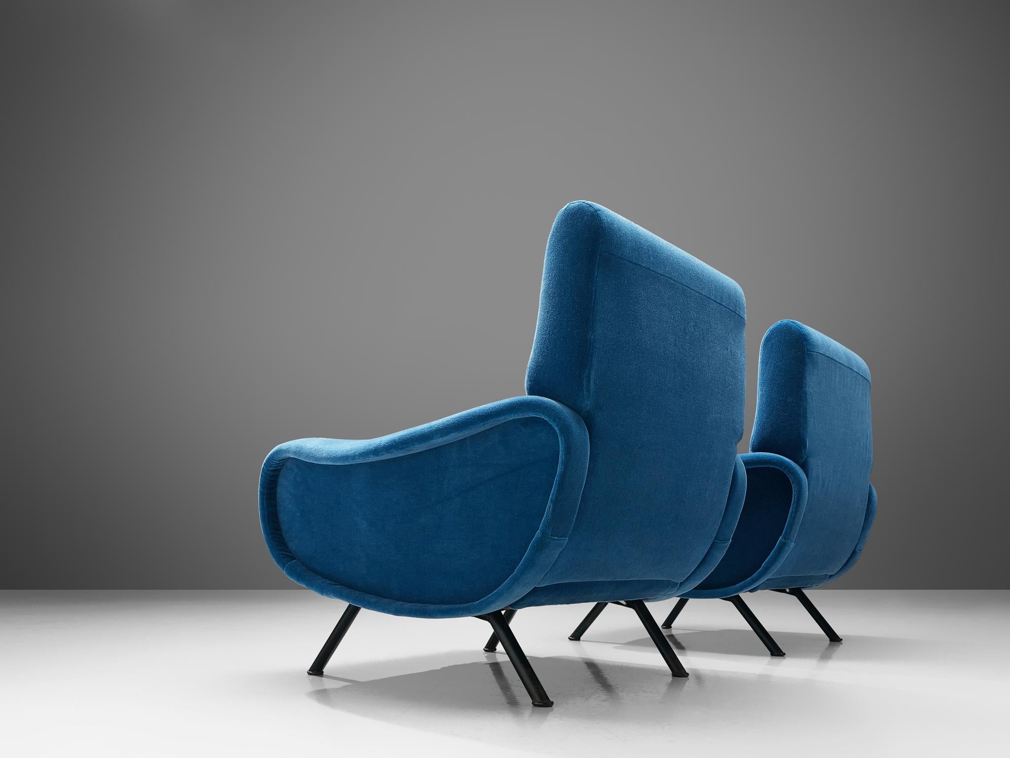 Italian Marco Zanuso Pair of Lounge Chairs Reupholstered in Blue Mohair