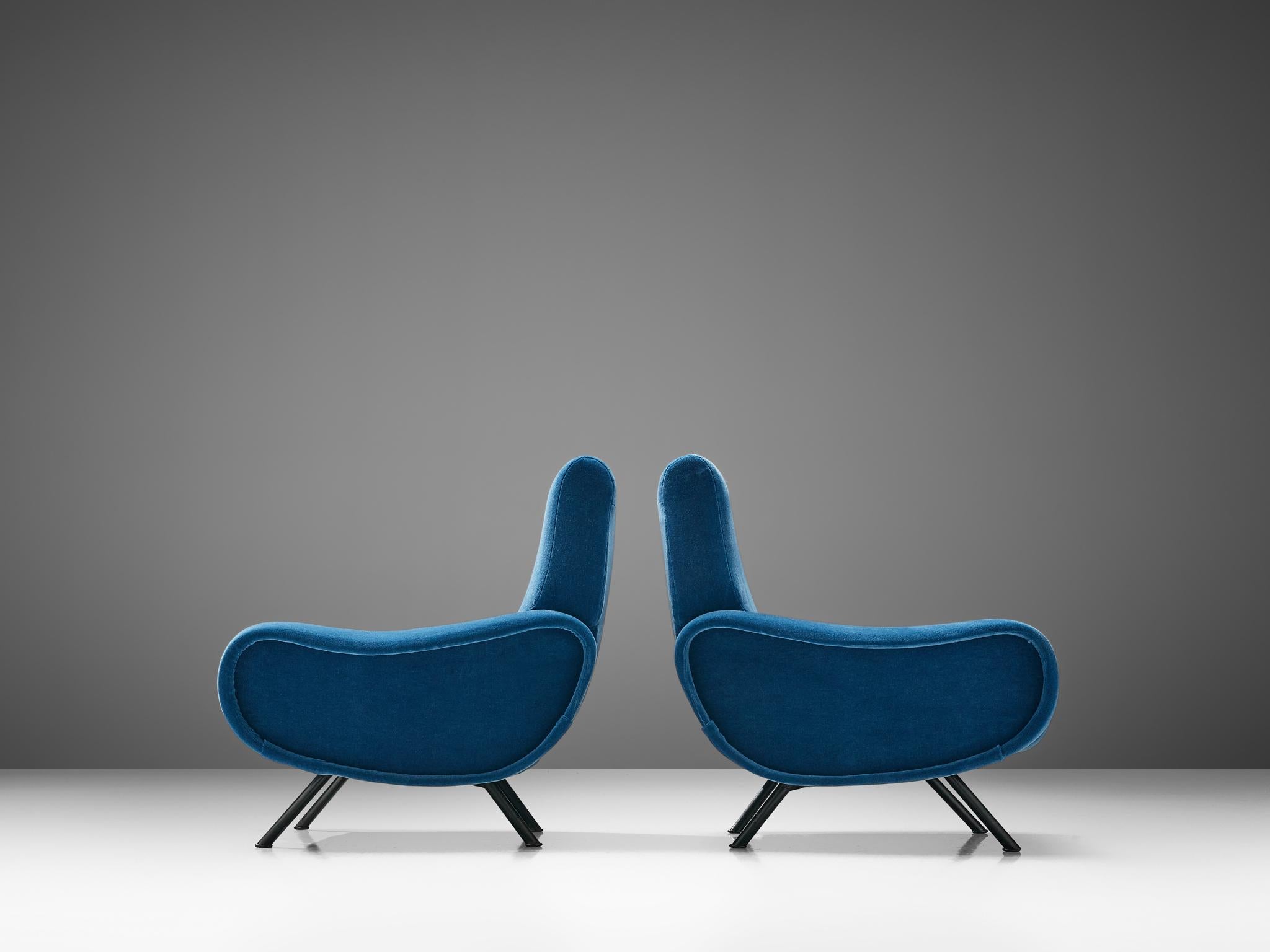 Marco Zanuso Pair of Lounge Chairs Reupholstered in Blue Mohair In Good Condition In Waalwijk, NL