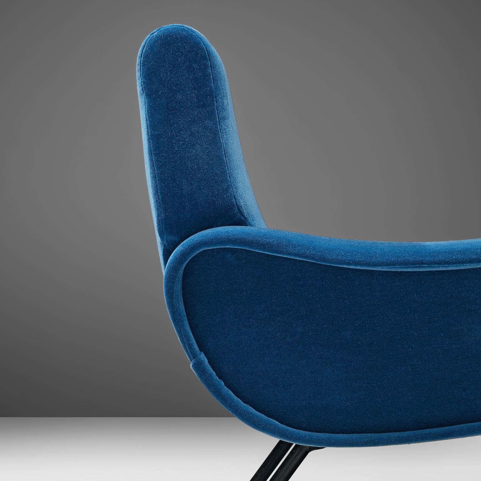 Mid-20th Century Marco Zanuso Pair of Lounge Chairs Reupholstered in Blue Mohair