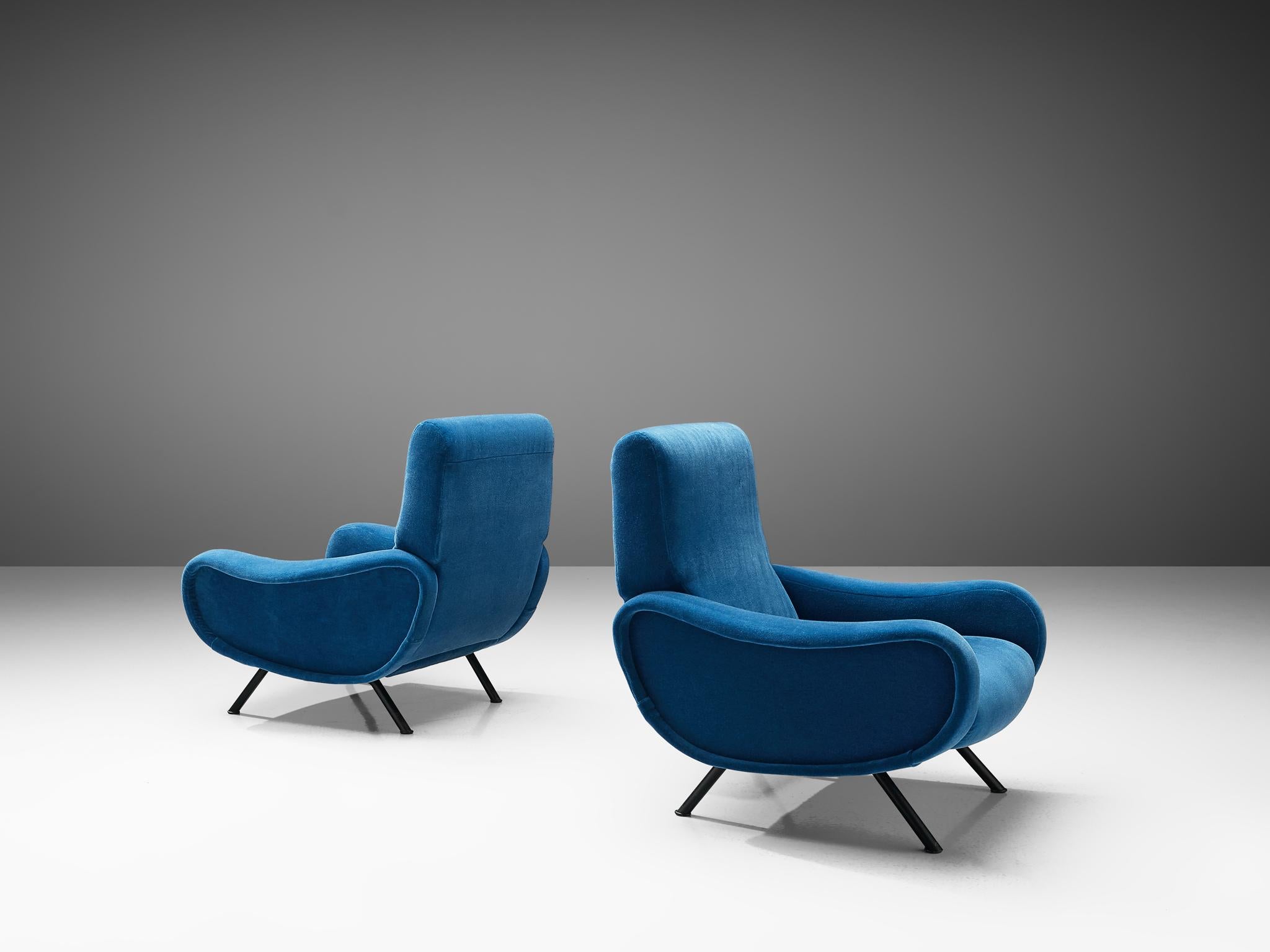 Metal Marco Zanuso Pair of Lounge Chairs Reupholstered in Blue Mohair