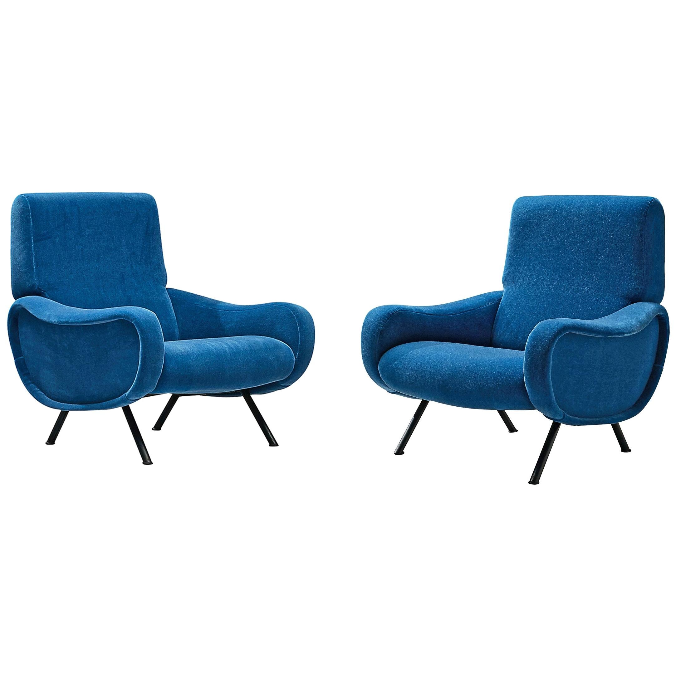 Marco Zanuso Pair of Lounge Chairs Reupholstered in Blue Mohair