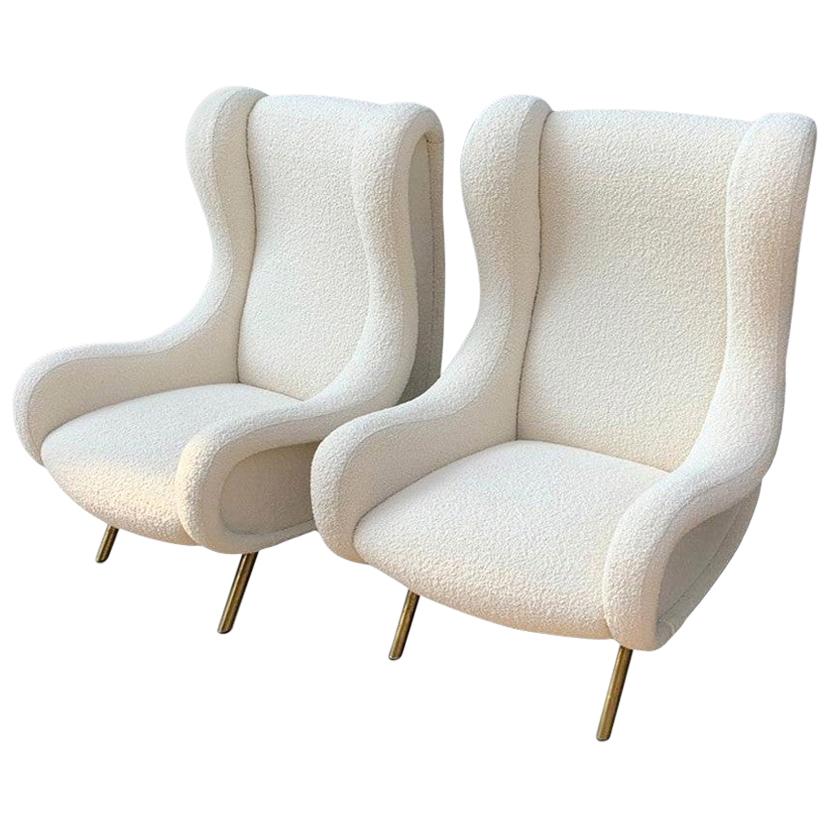 Marco Zanuso Pair of "Senior" Armchairs in Cream White Bouclé, Italy, 1950s