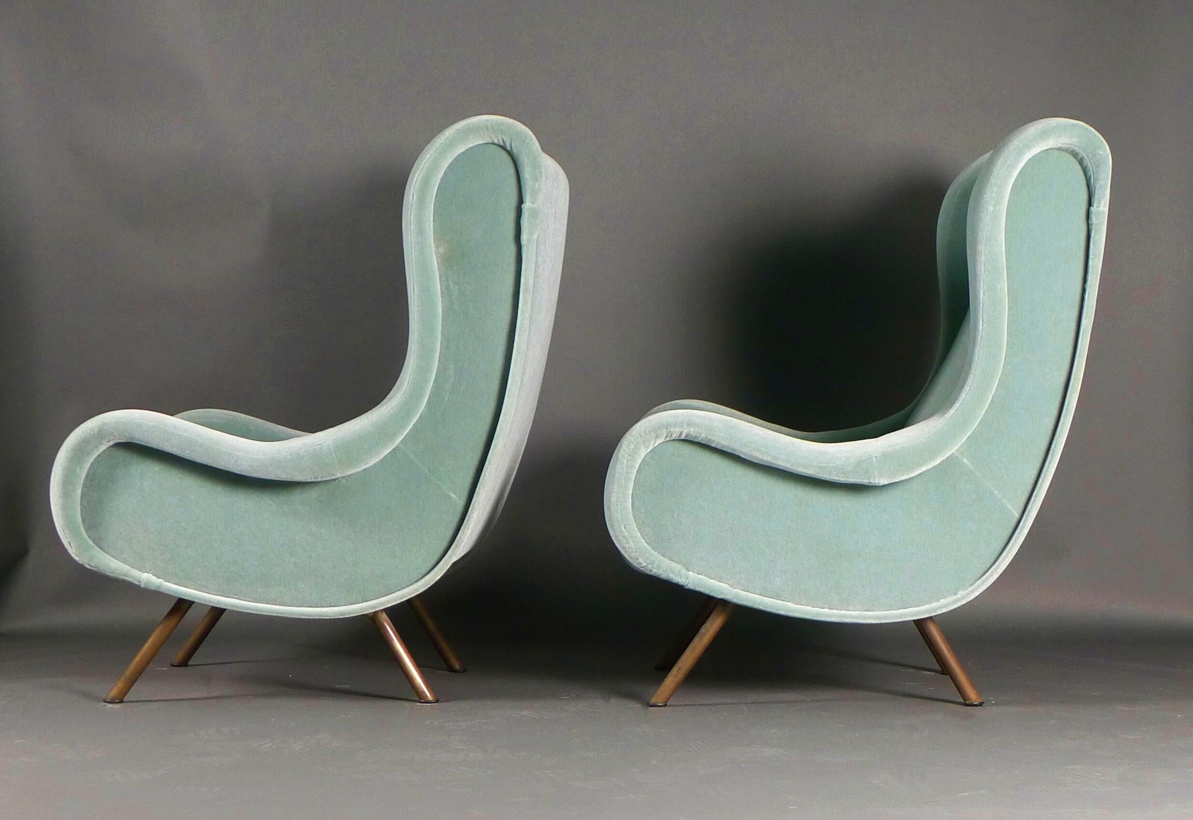 Italian Marco Zanuso, Pair of Senior Chairs, 1950s and matching pair of ottomans For Sale
