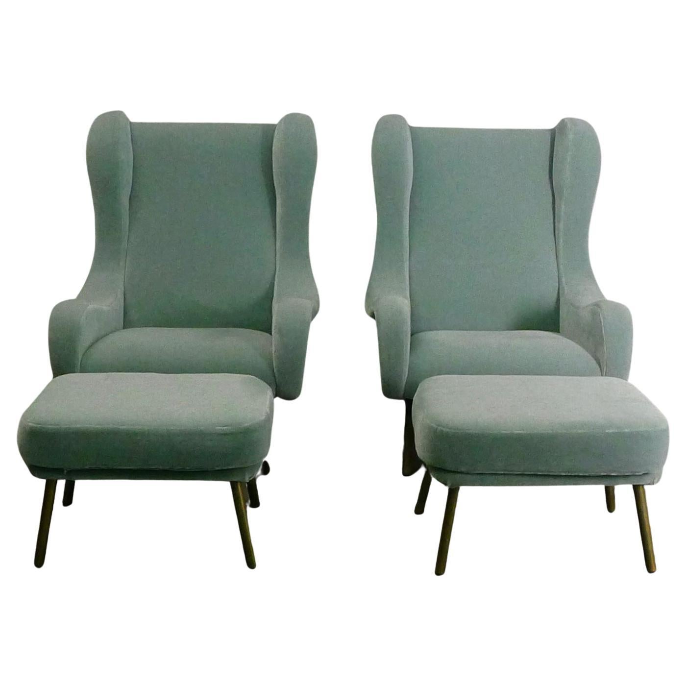Marco Zanuso, Paar Senior Chairs, 1950er-Jahre, und passendes Paar Ottomane (Moderne der Mitte des Jahrhunderts) im Angebot