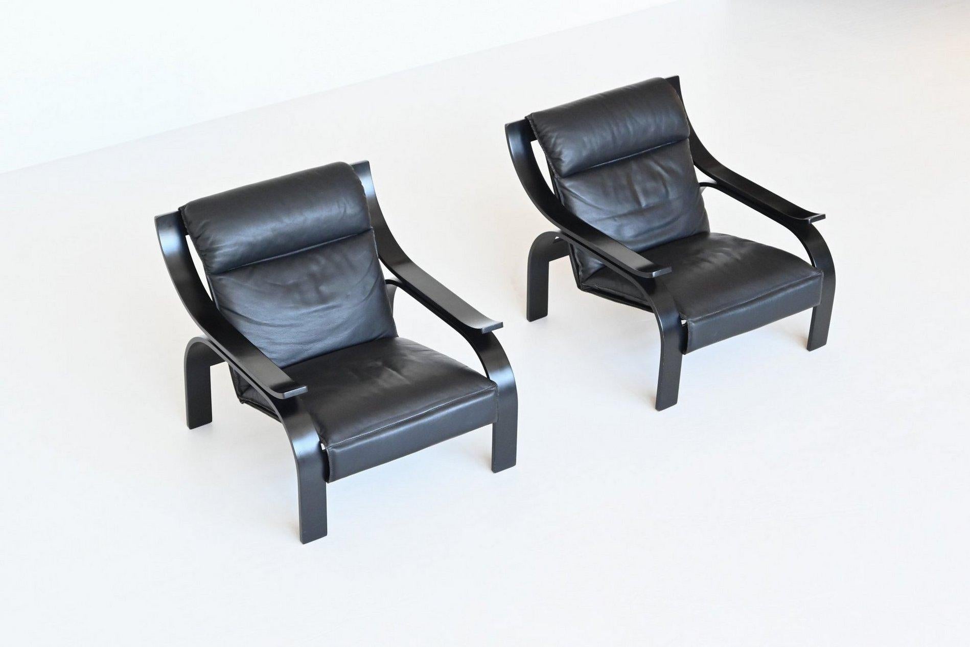 Marco Zanuso pair of Woodline armchairs in black leather Arflex Italy 1964 3