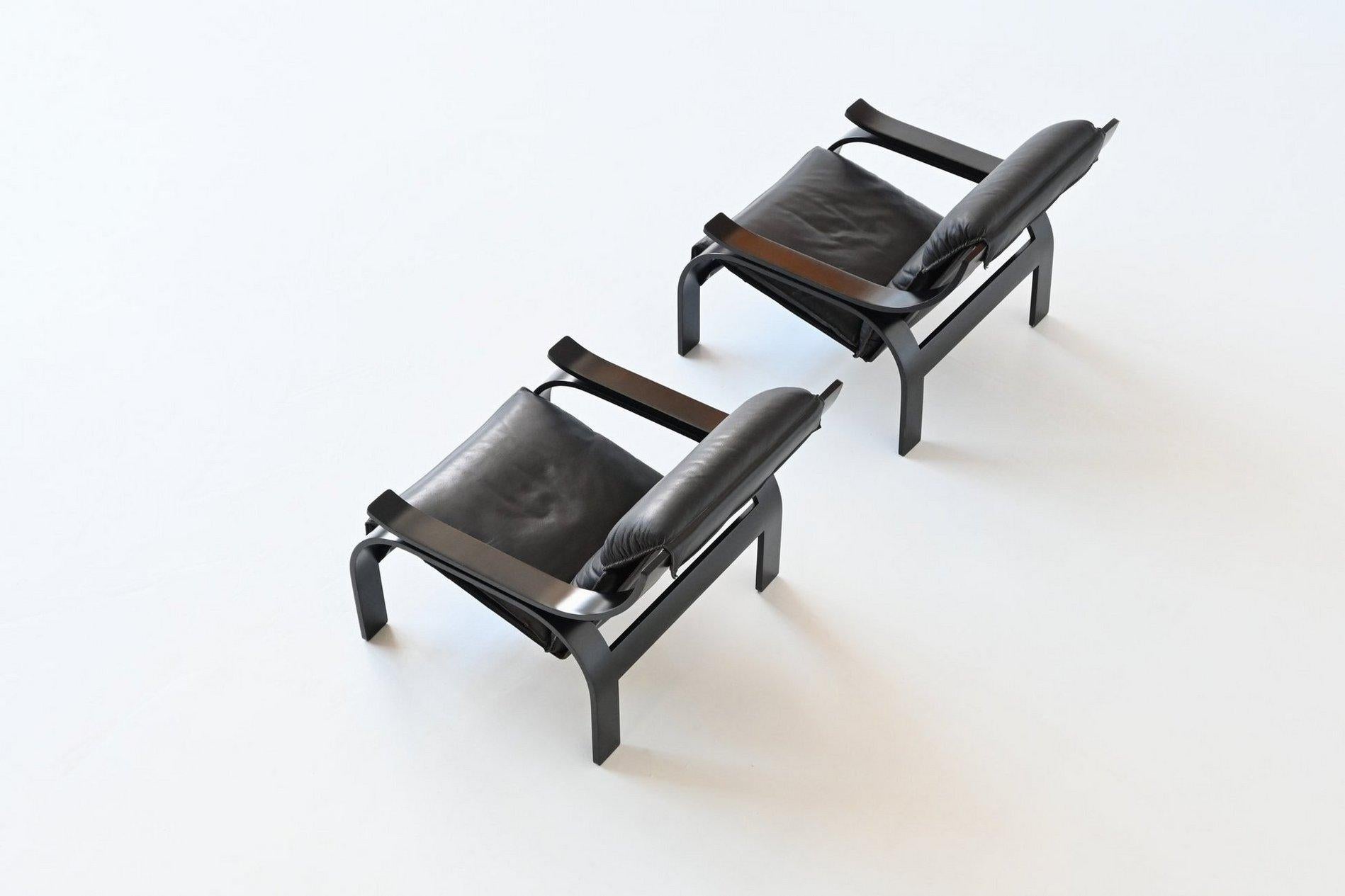 Marco Zanuso pair of Woodline armchairs in black leather Arflex Italy 1964 4