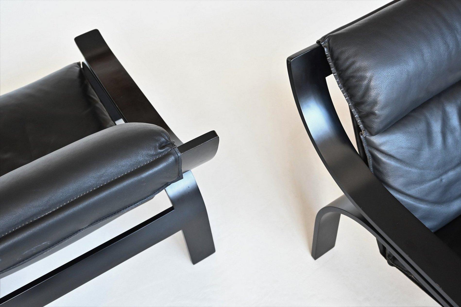 Marco Zanuso pair of Woodline armchairs in black leather Arflex Italy 1964 5