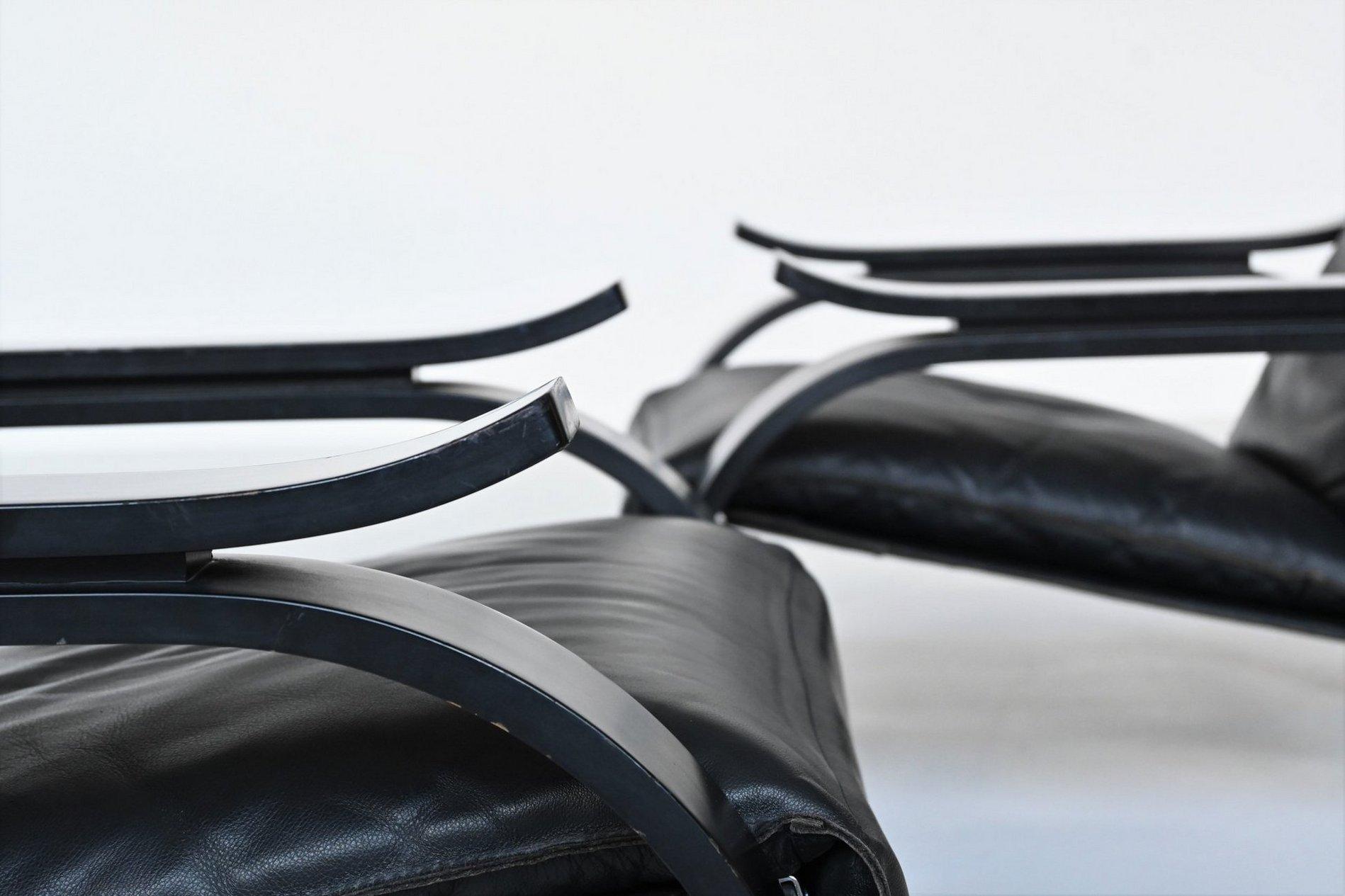 Marco Zanuso pair of Woodline armchairs in black leather Arflex Italy 1964 6