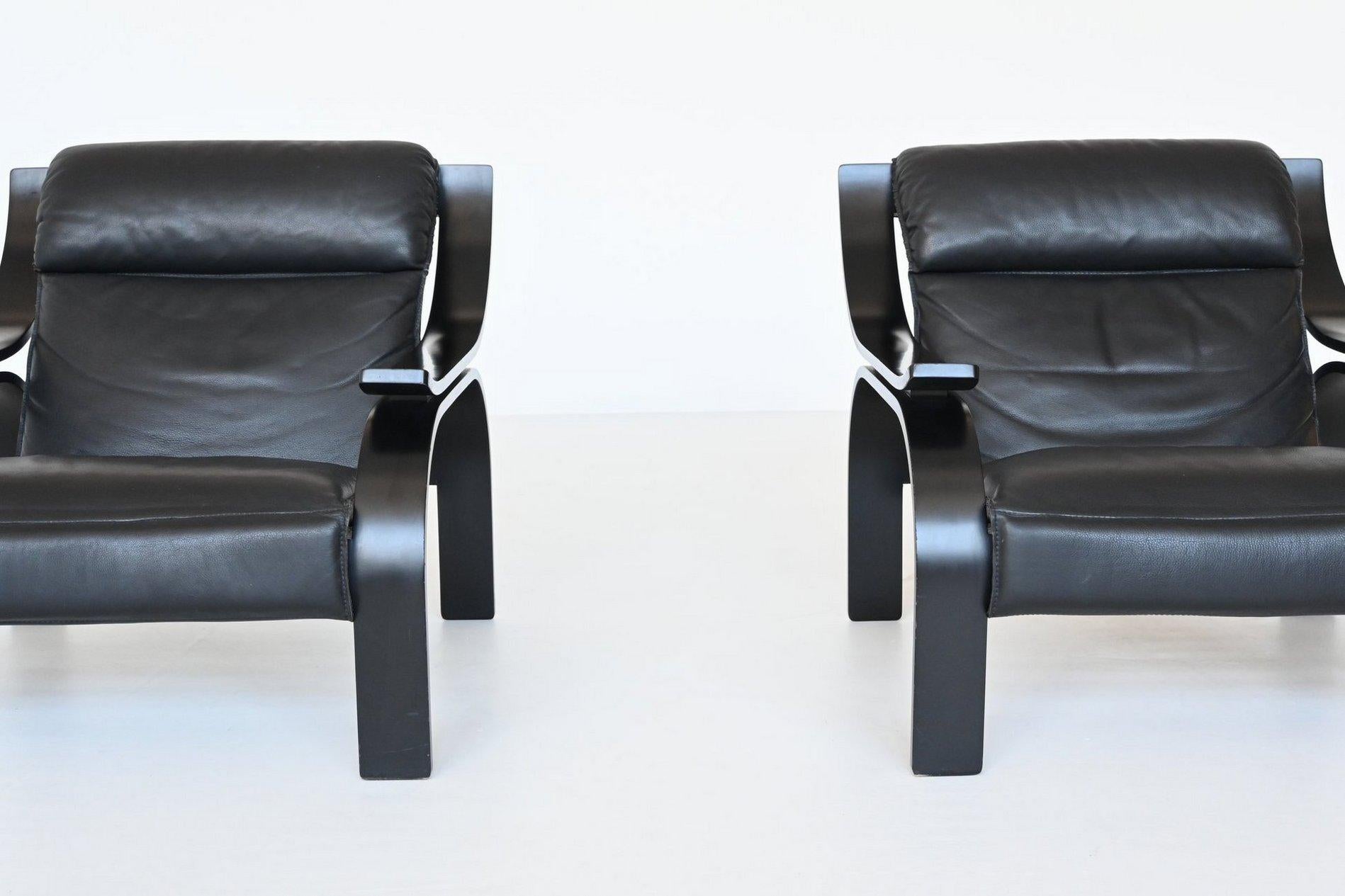 Marco Zanuso pair of Woodline armchairs in black leather Arflex Italy 1964 7