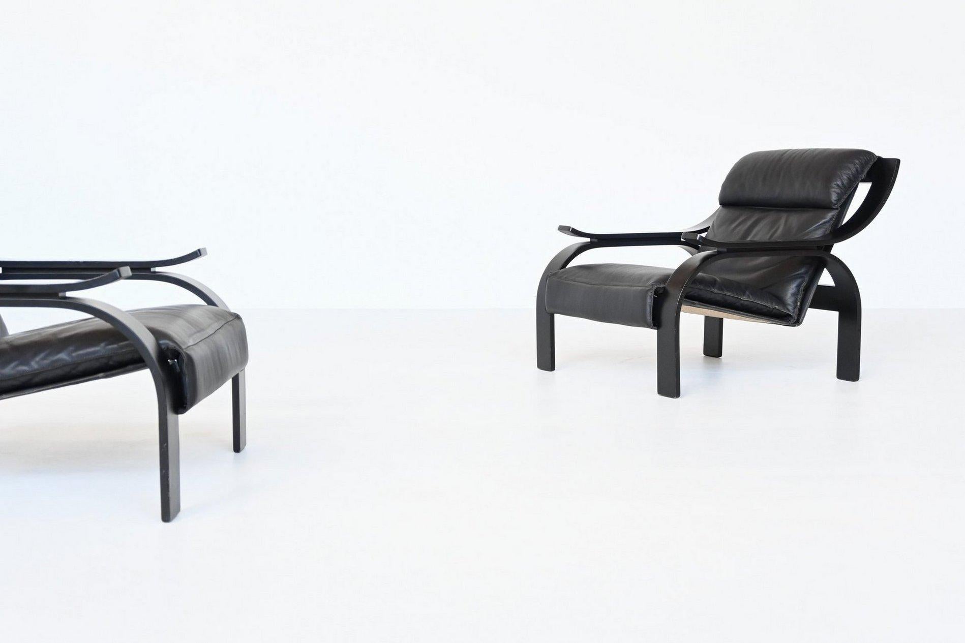 Marco Zanuso pair of Woodline armchairs in black leather Arflex Italy 1964 1