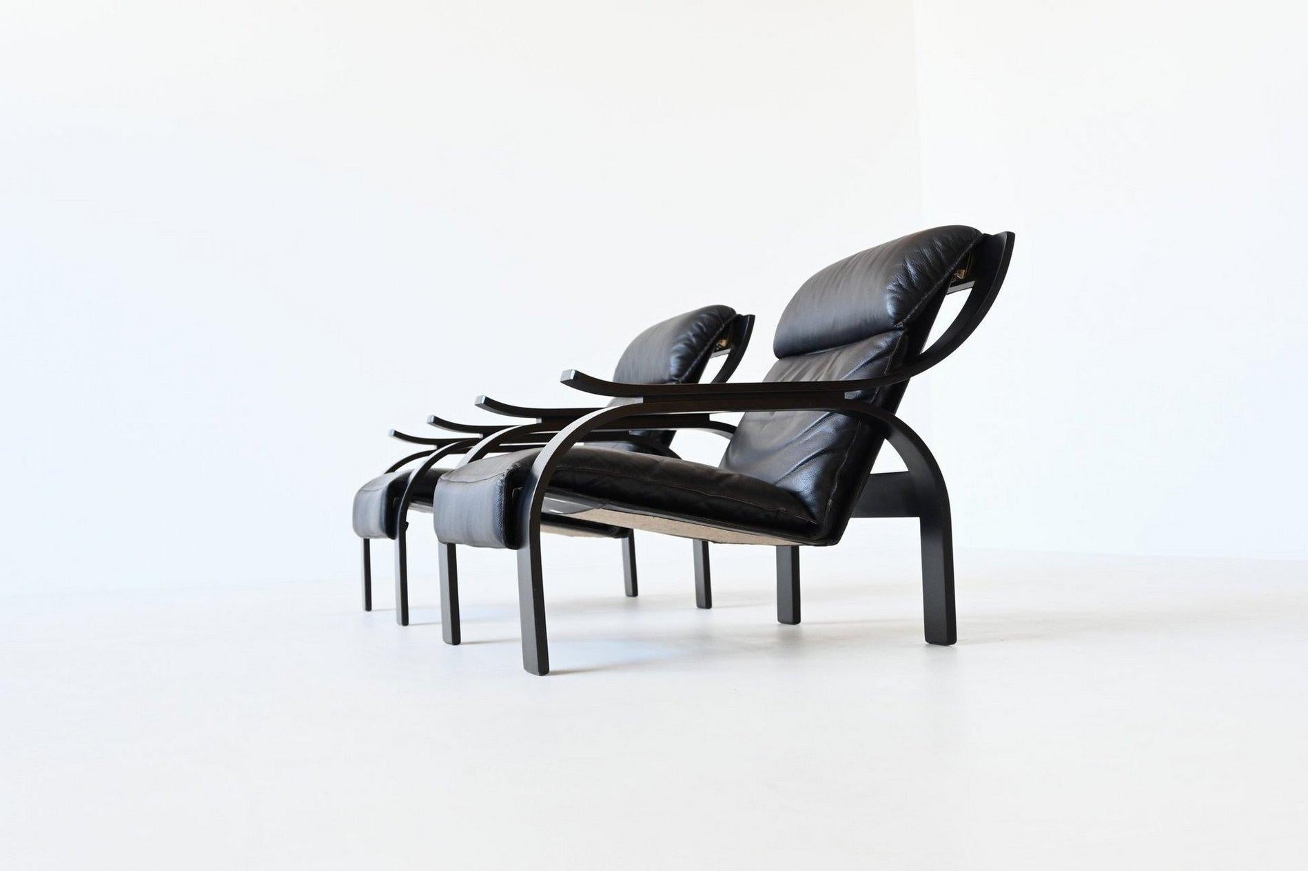 Marco Zanuso pair of Woodline armchairs in black leather Arflex Italy 1964 2