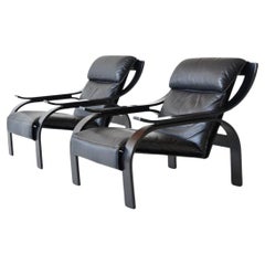 Marco Zanuso pair of Woodline armchairs in black leather Arflex Italy 1964