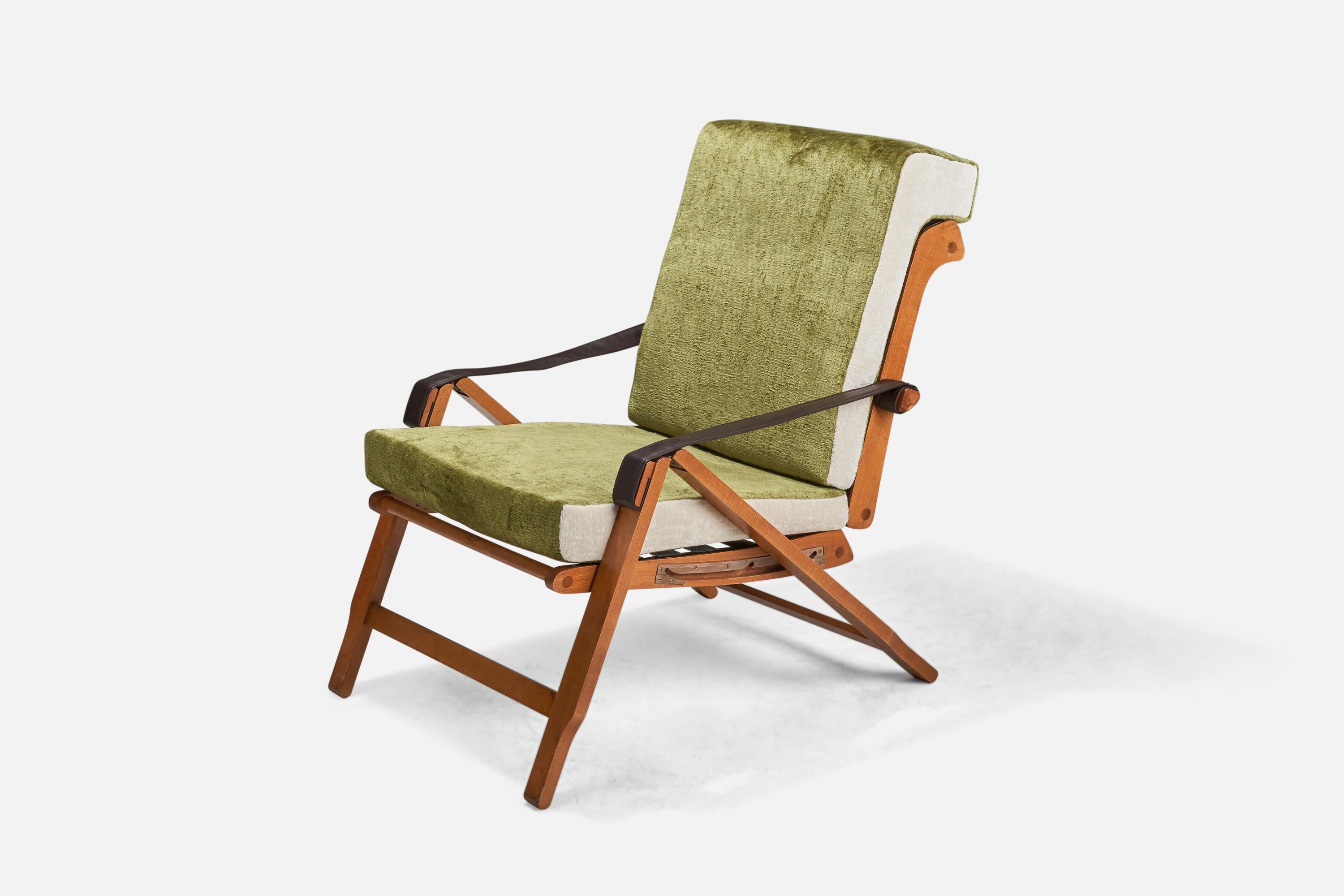 Mid-Century Modern Marco Zanuso, Rare Lounge Chairs, Beech, Leather, Brass, Velvet, Italy, 1960s For Sale