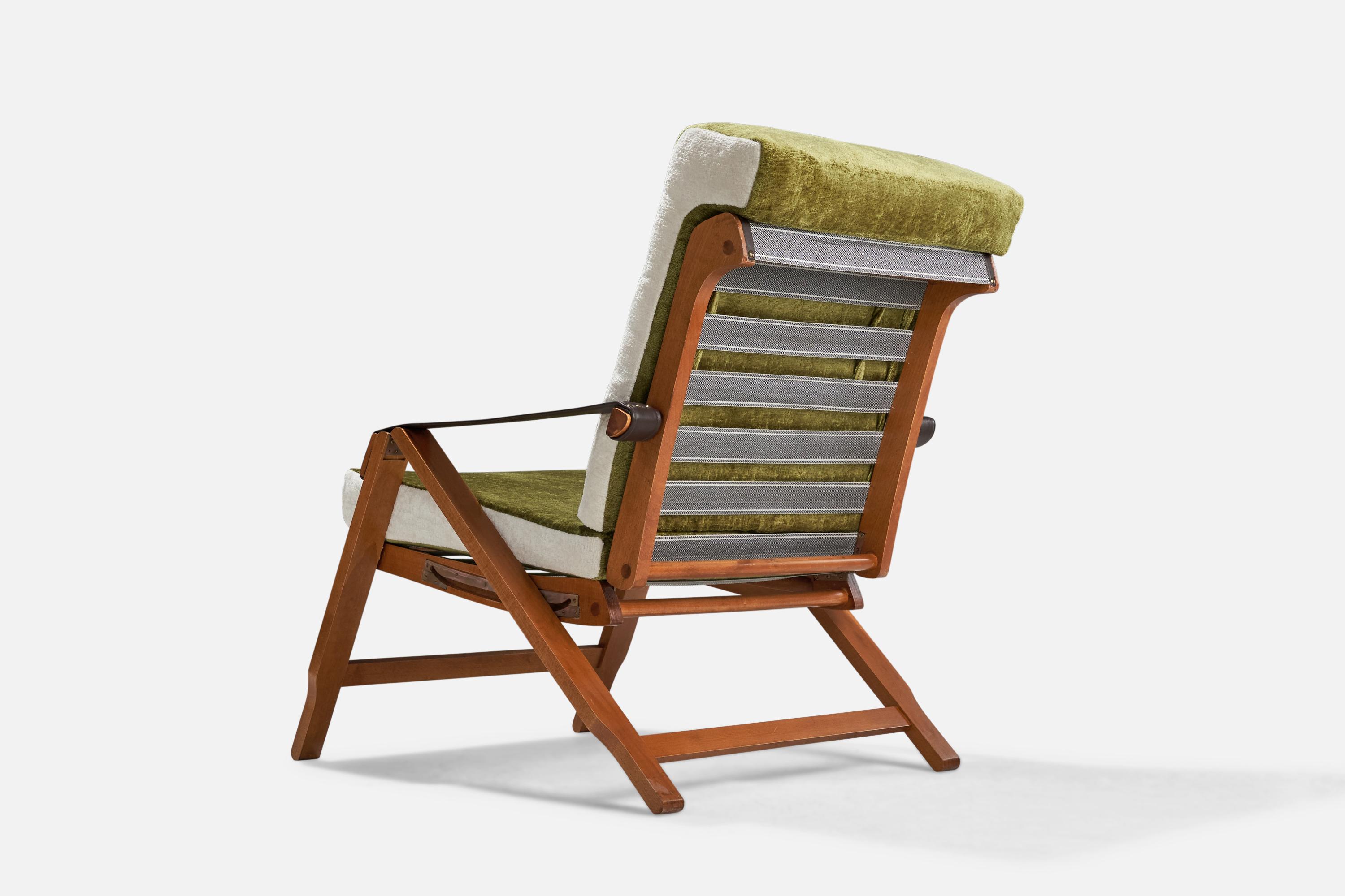 Italian Marco Zanuso, Rare Lounge Chairs, Beech, Leather, Brass, Velvet, Italy, 1960s For Sale