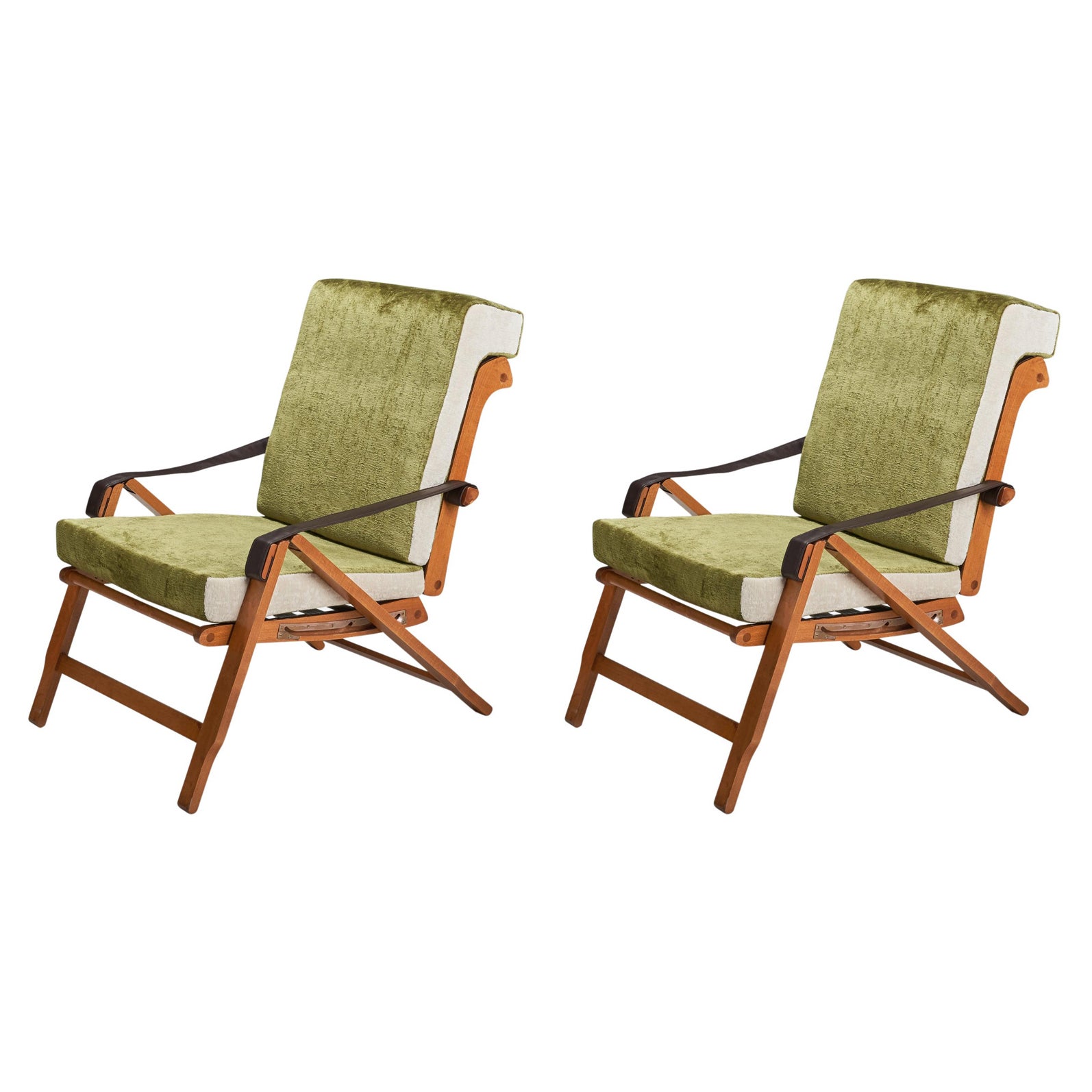 Marco Zanuso, Rare Lounge Chairs, Beech, Leather, Brass, Velvet, Italy, 1960s For Sale